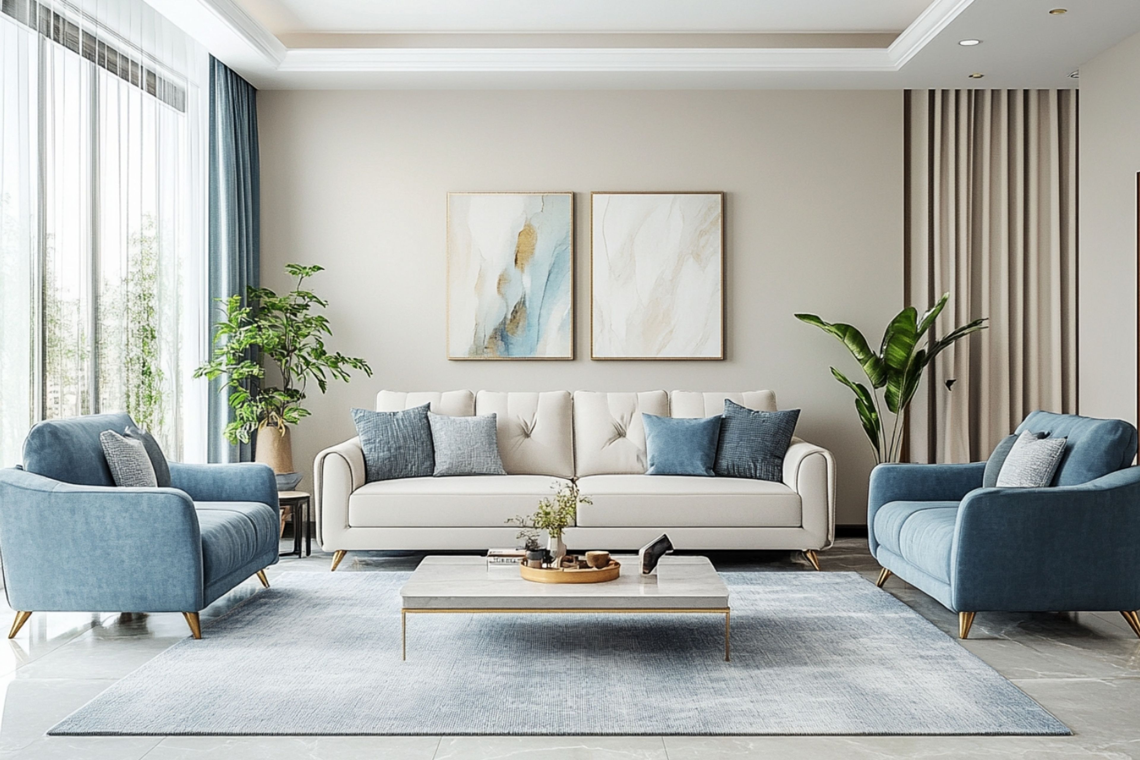 Living Room Design with Tufted Sofa and Marble Table