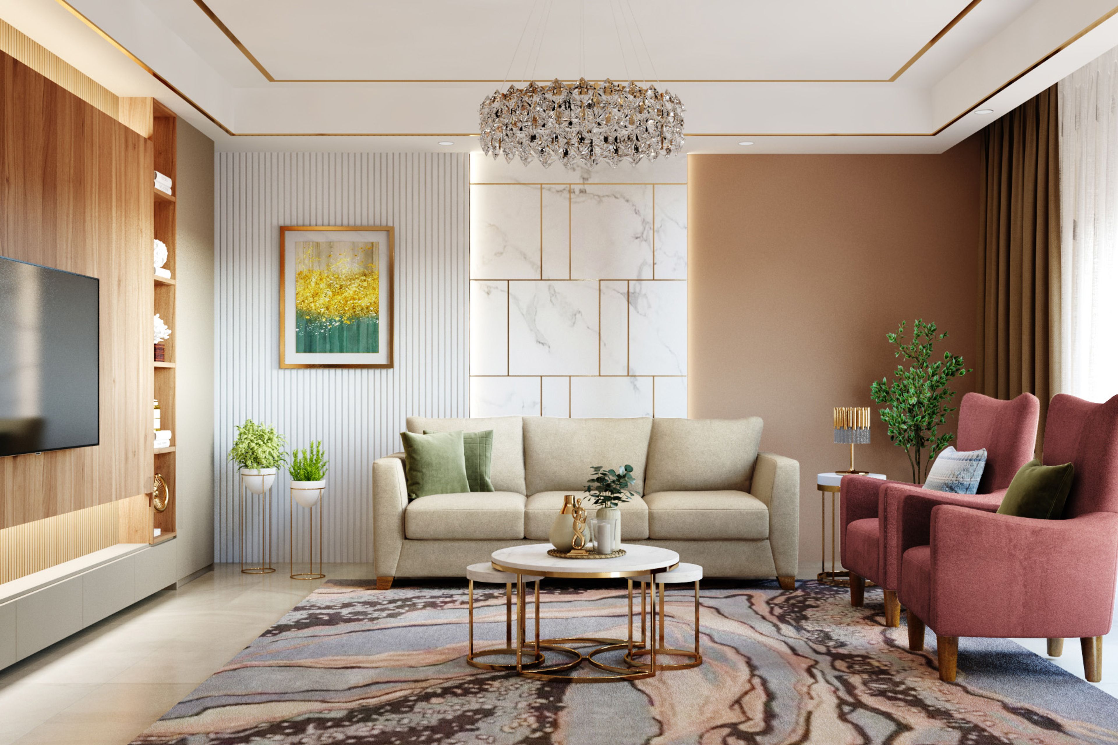 Contemporary Living Room Design with Beige Sofa and Dusty Rose Armchairs