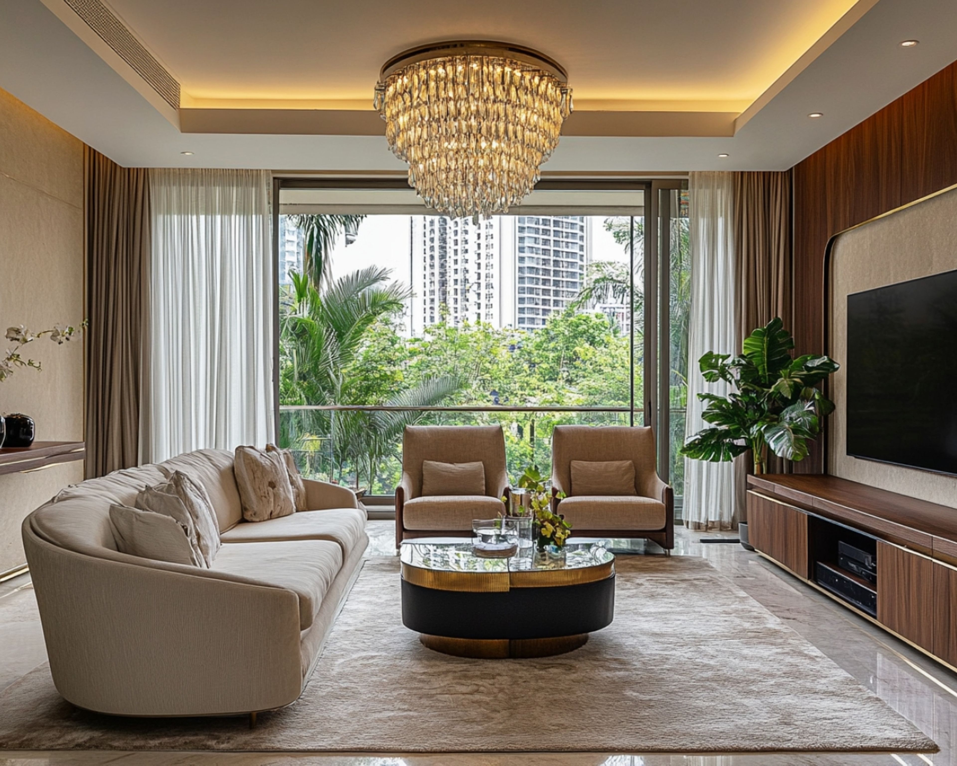 Living Room Design with Curved Sofa and Beige Armchairs