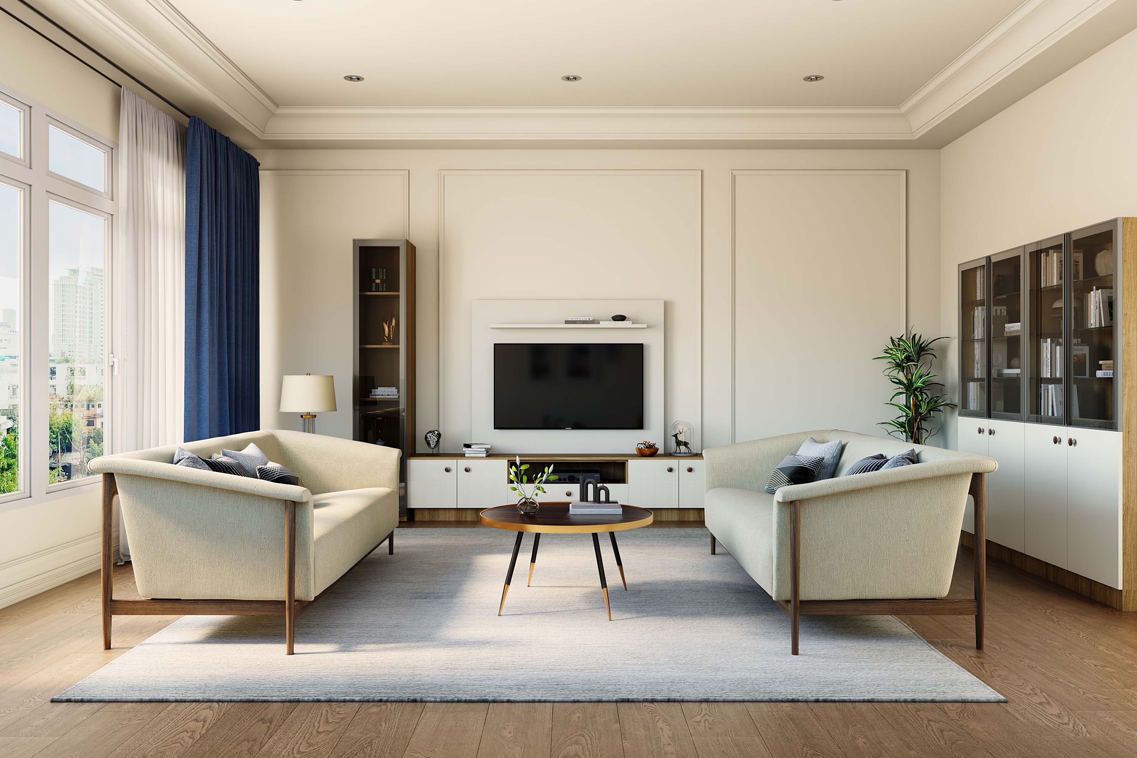 Living Room Design with White Sofas and Black Coffee Table