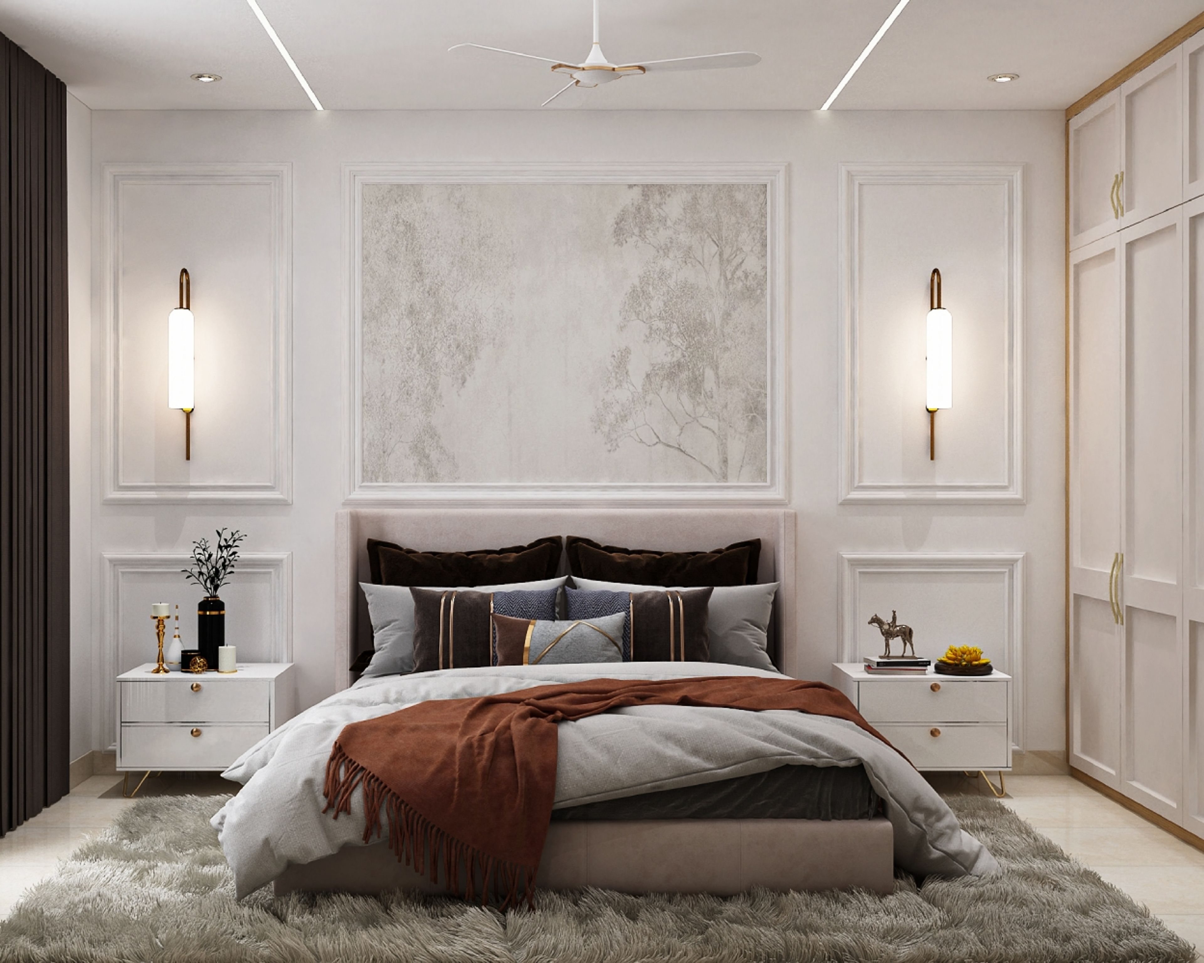 Master Bedroom Design with Wall Trims with Wallpaper