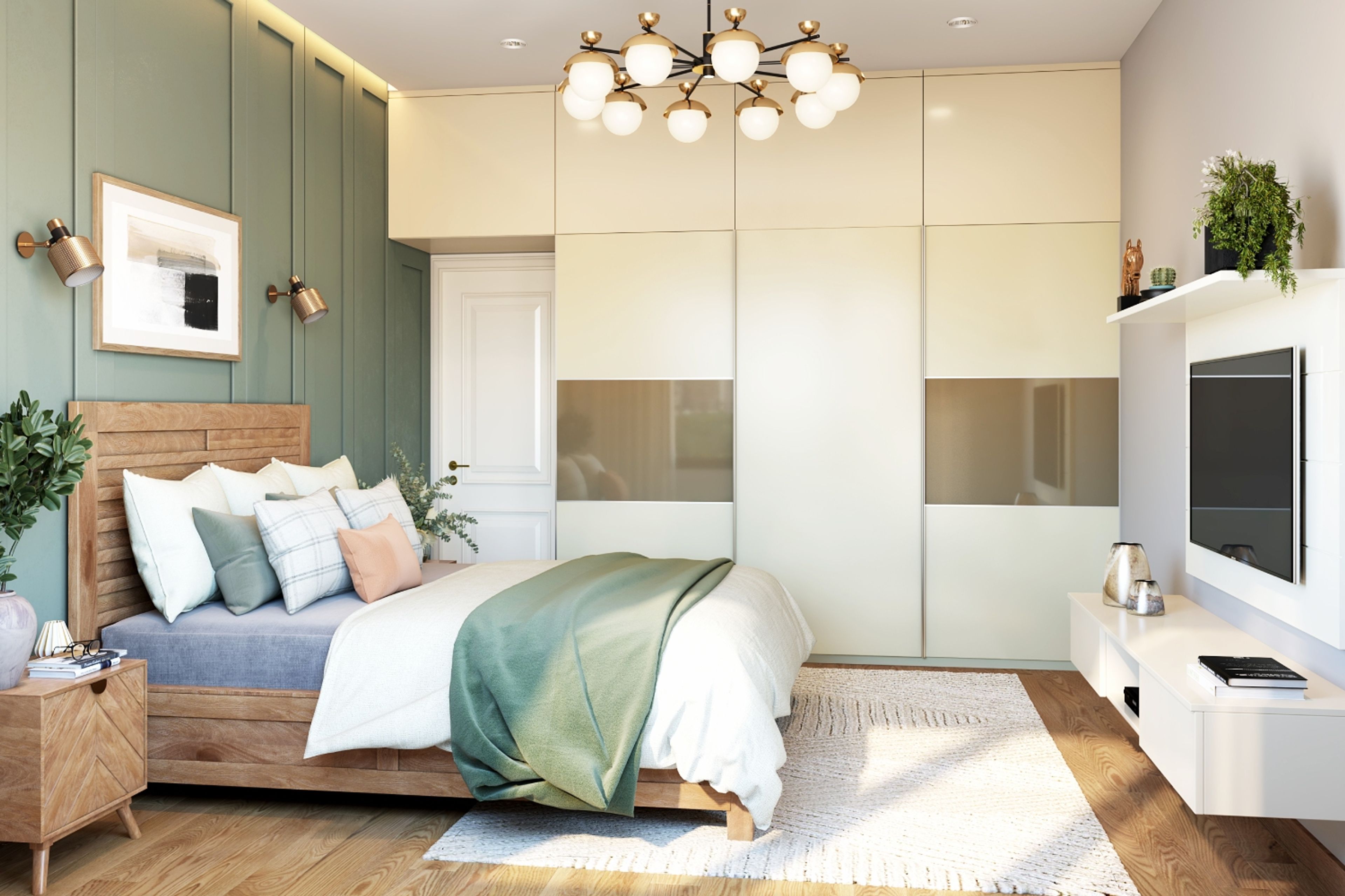Master Bedroom Design with Wooden and Green Accents