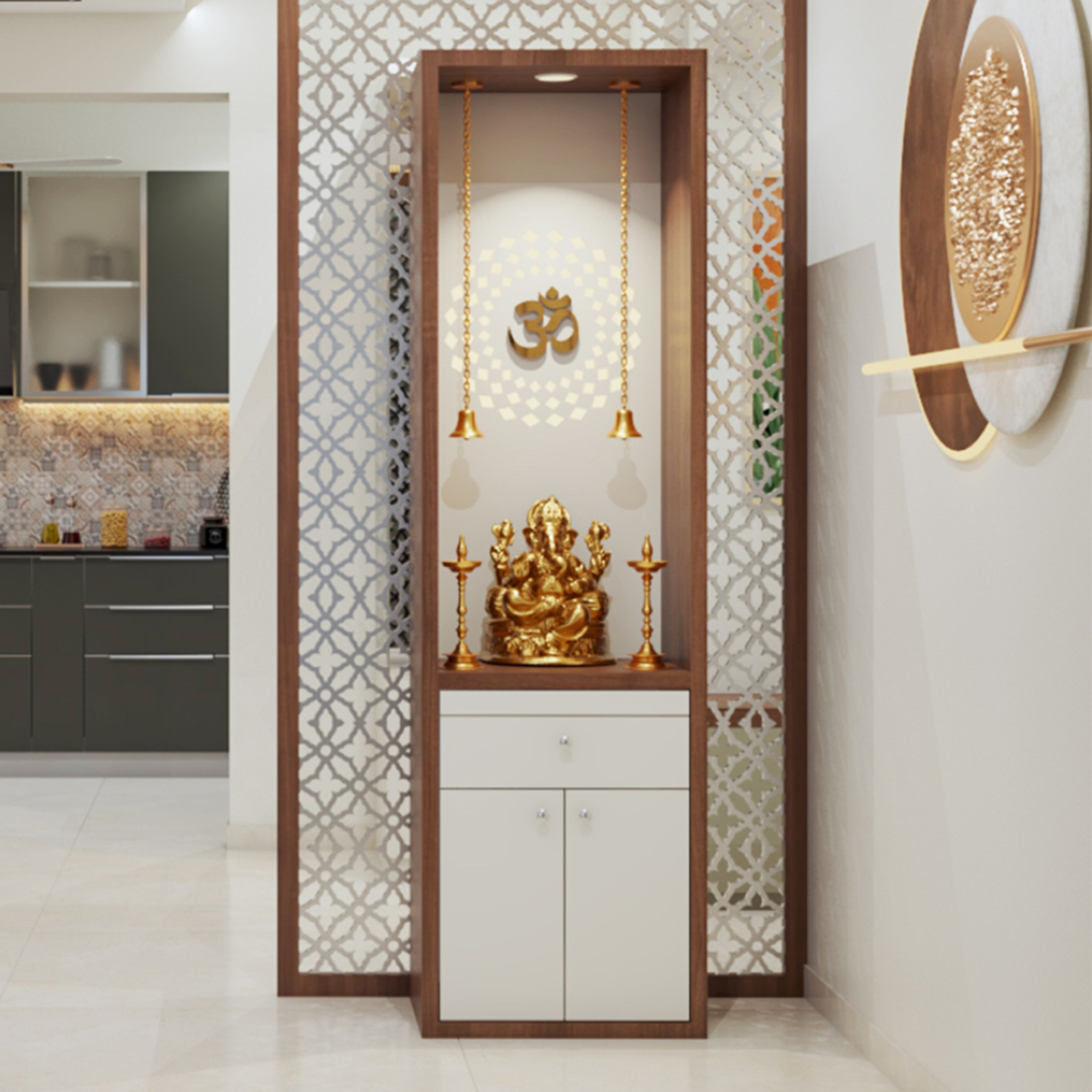 Frosty White and Walnut Bronze Contemporary Pooja Unit Design