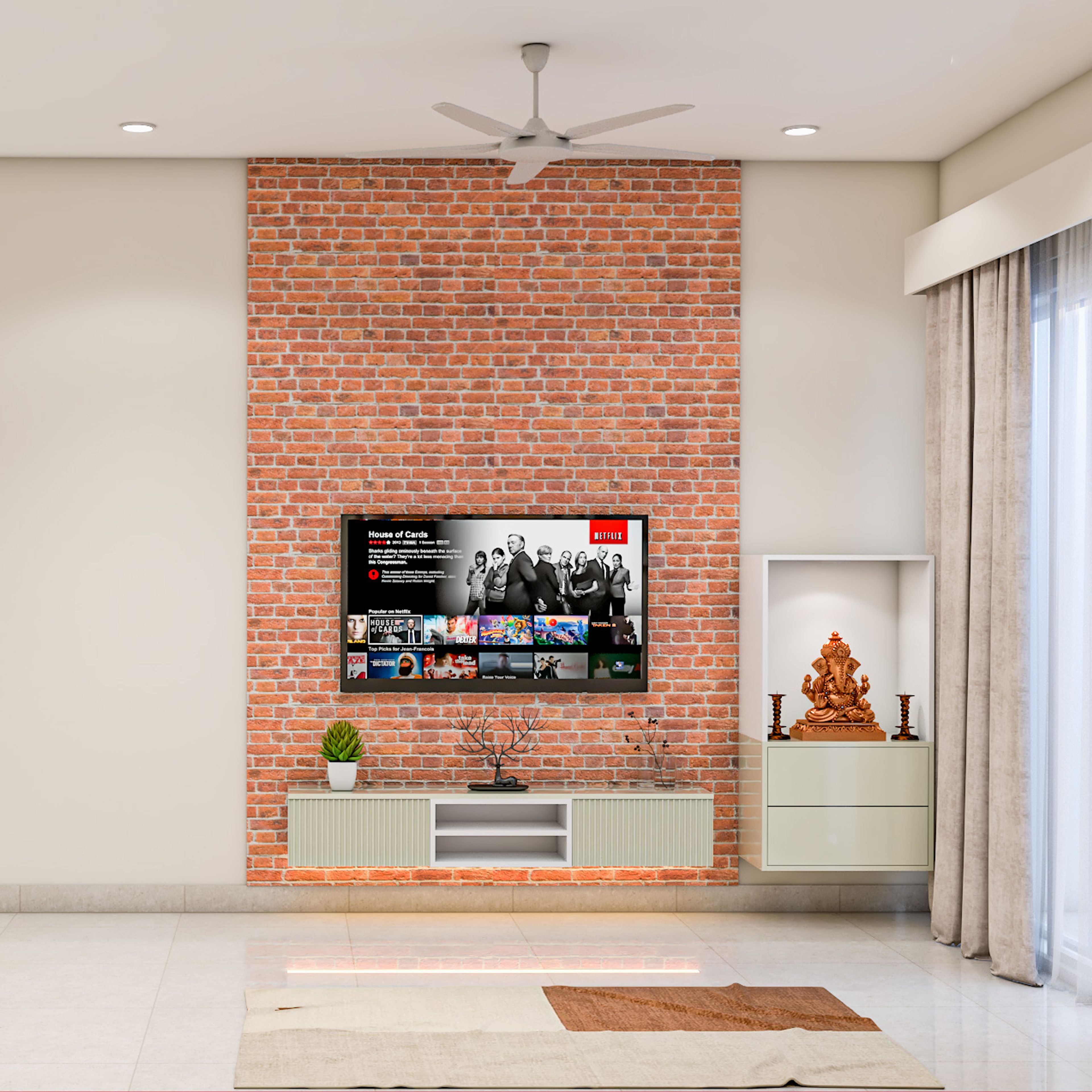 Wall-Mounted Modern Pooja Unit Design in Champagne and White