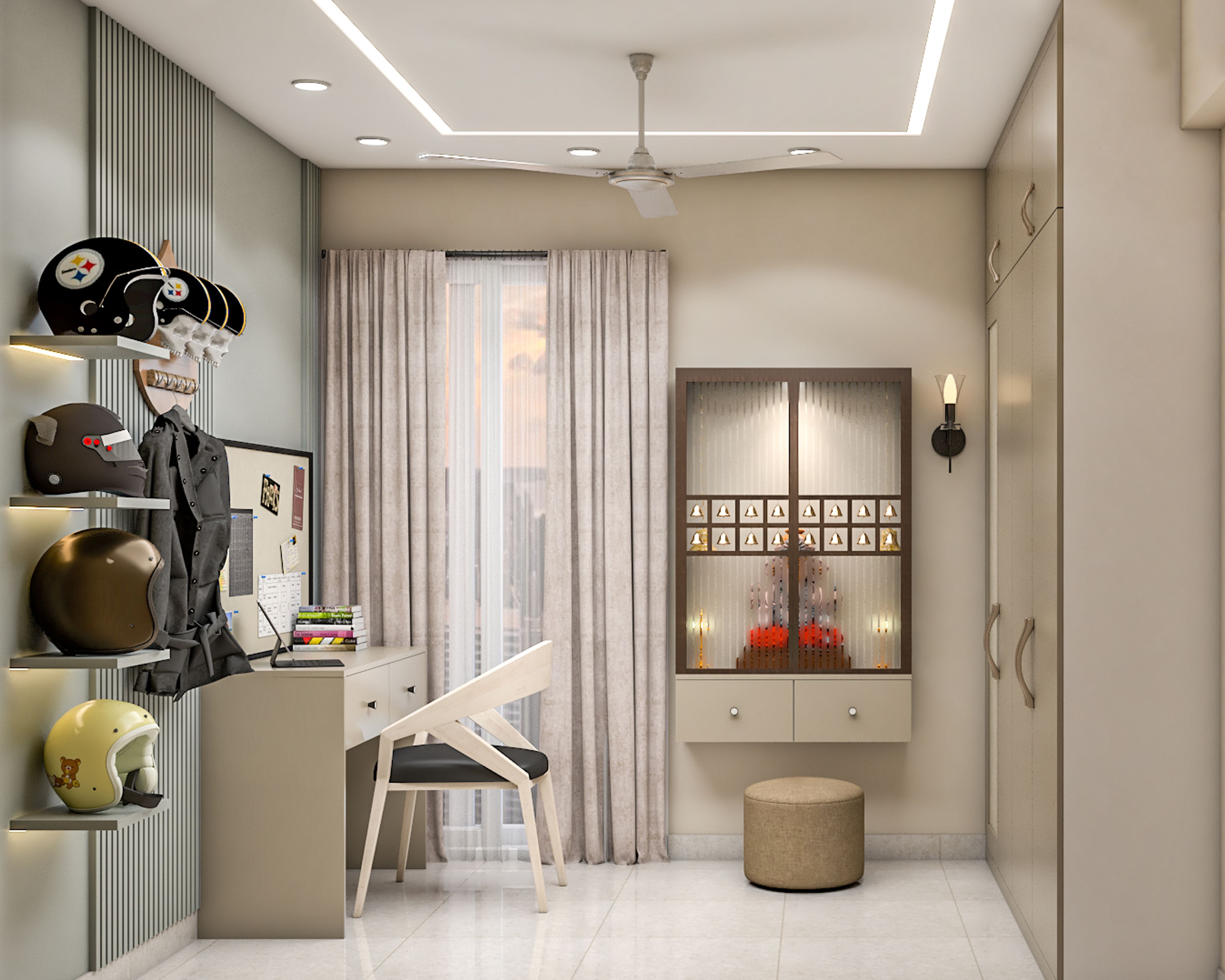 Modern Wall-Mounted Pooja Unit Design with Glass Doors and Drawer Storage
