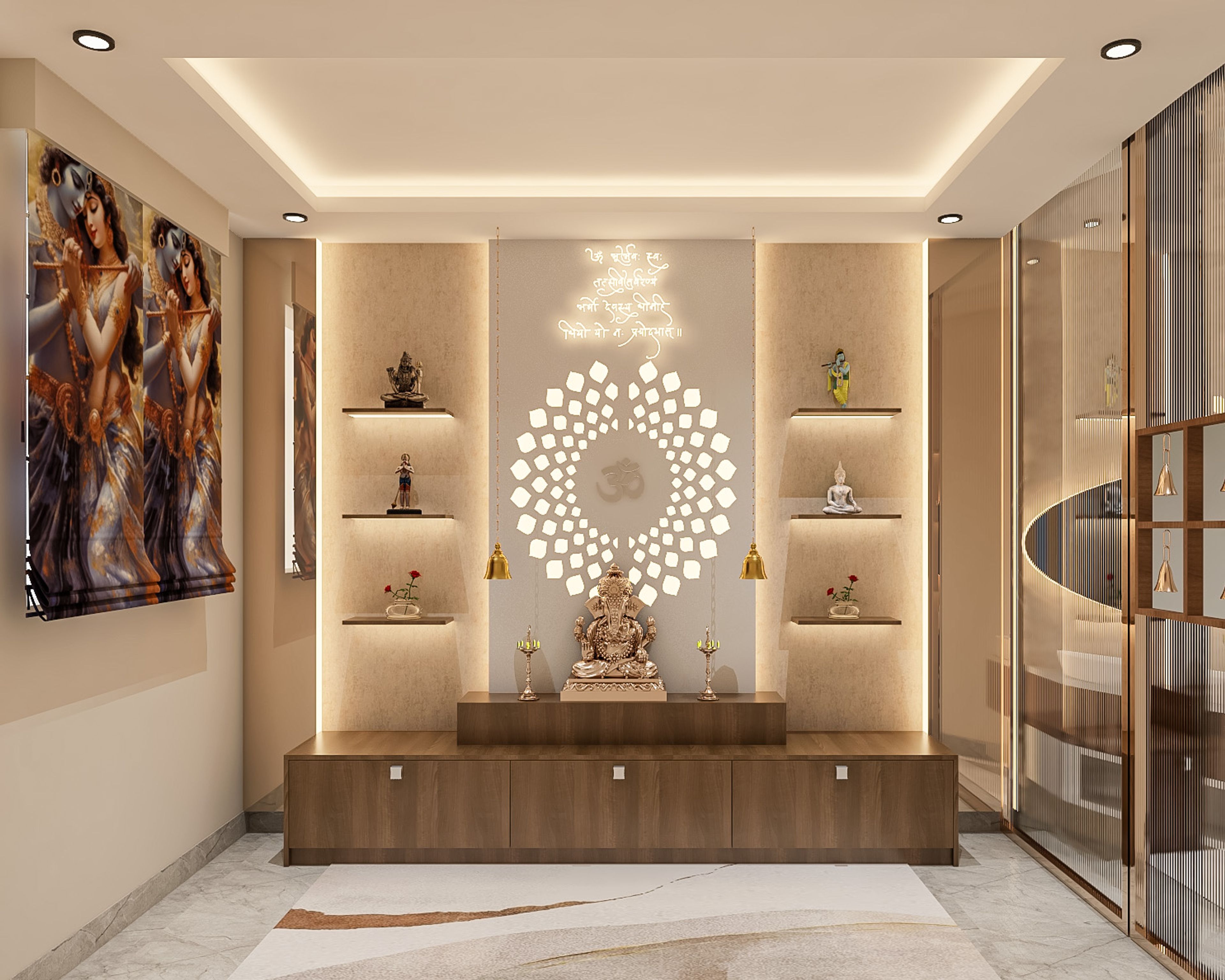 Traditional Walnut Bronze Pooja Room Design with LED-Lit Om Panel