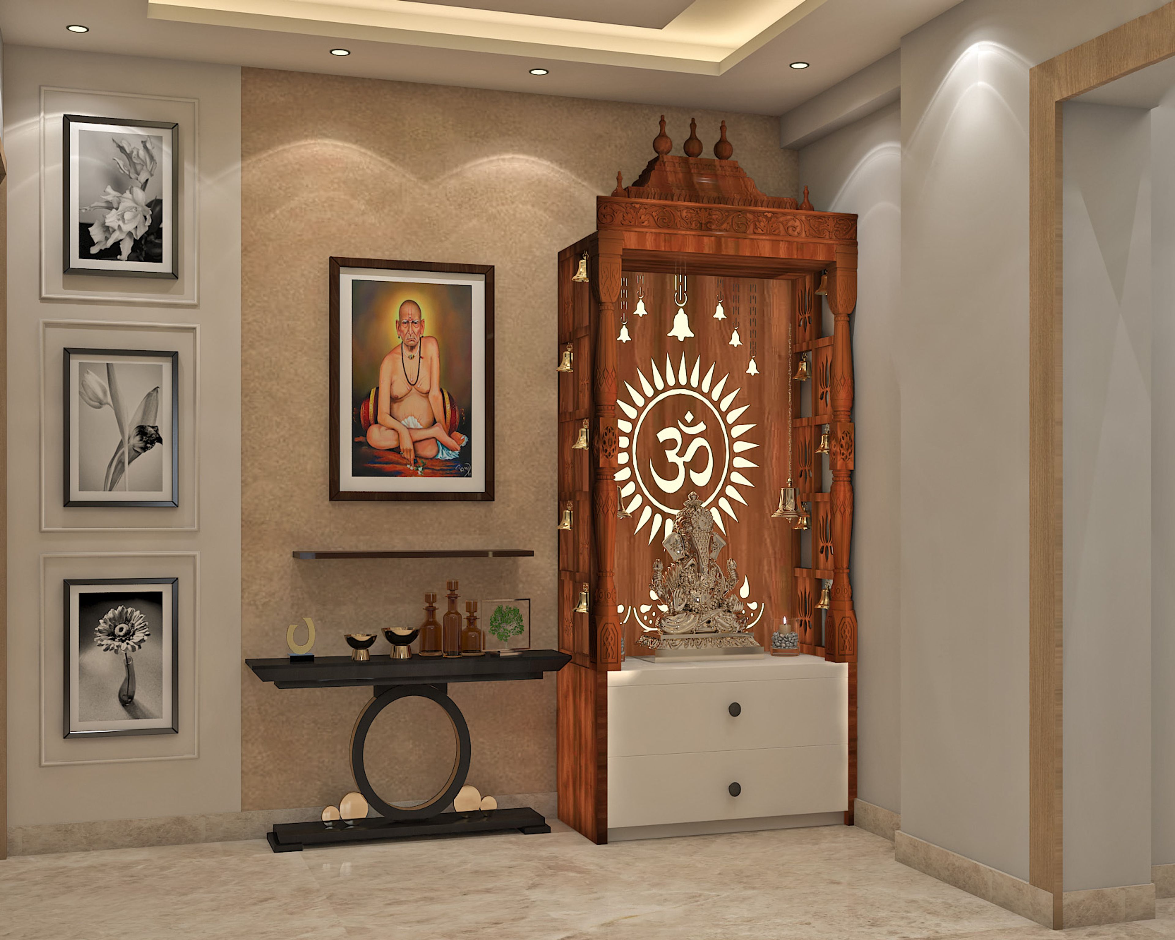 Contemporary Walnut Pooja Unit Design with Om Symbol