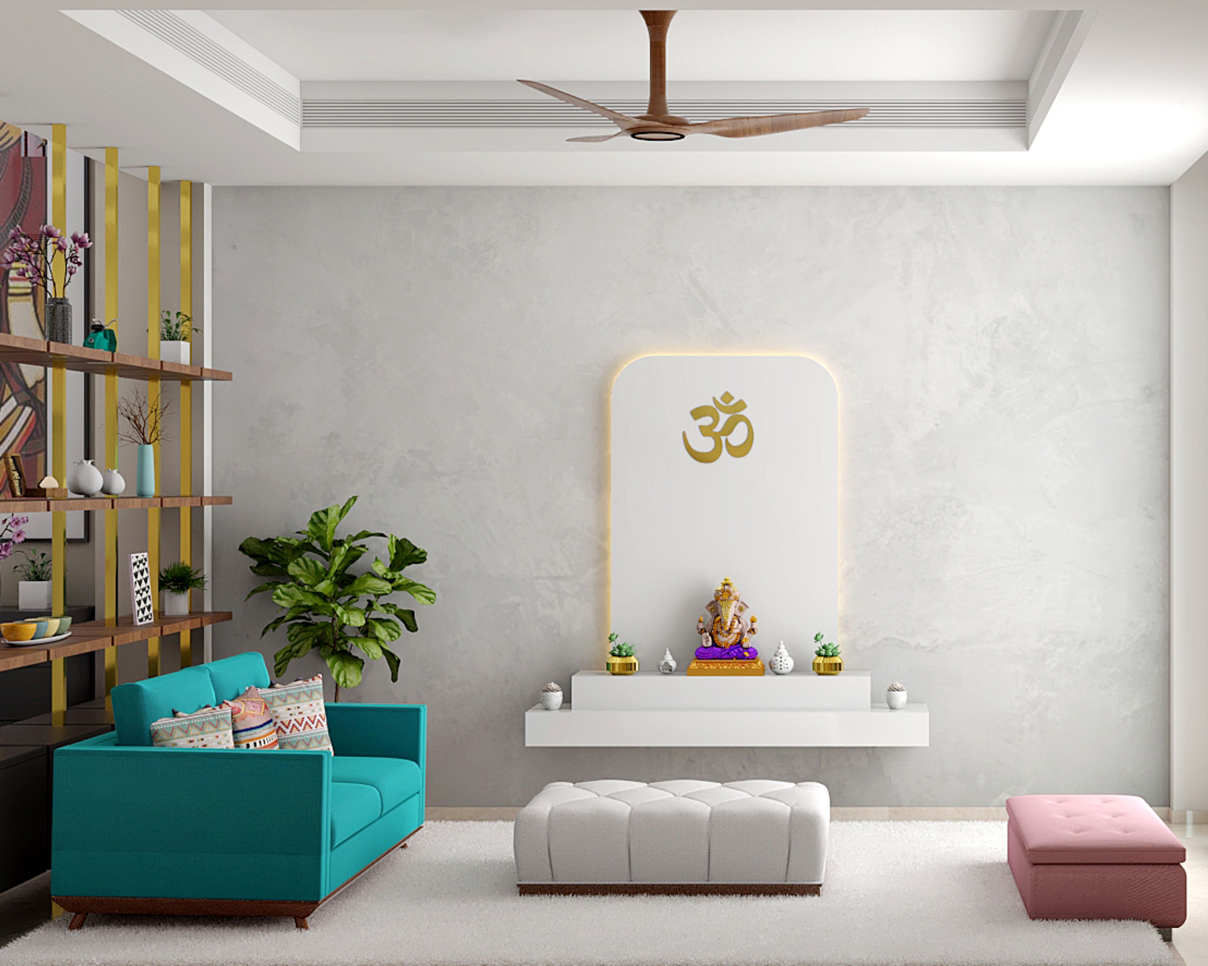 Minimal Wall-Mounted Pooja Unit Design with Illuminated Om Backdrop