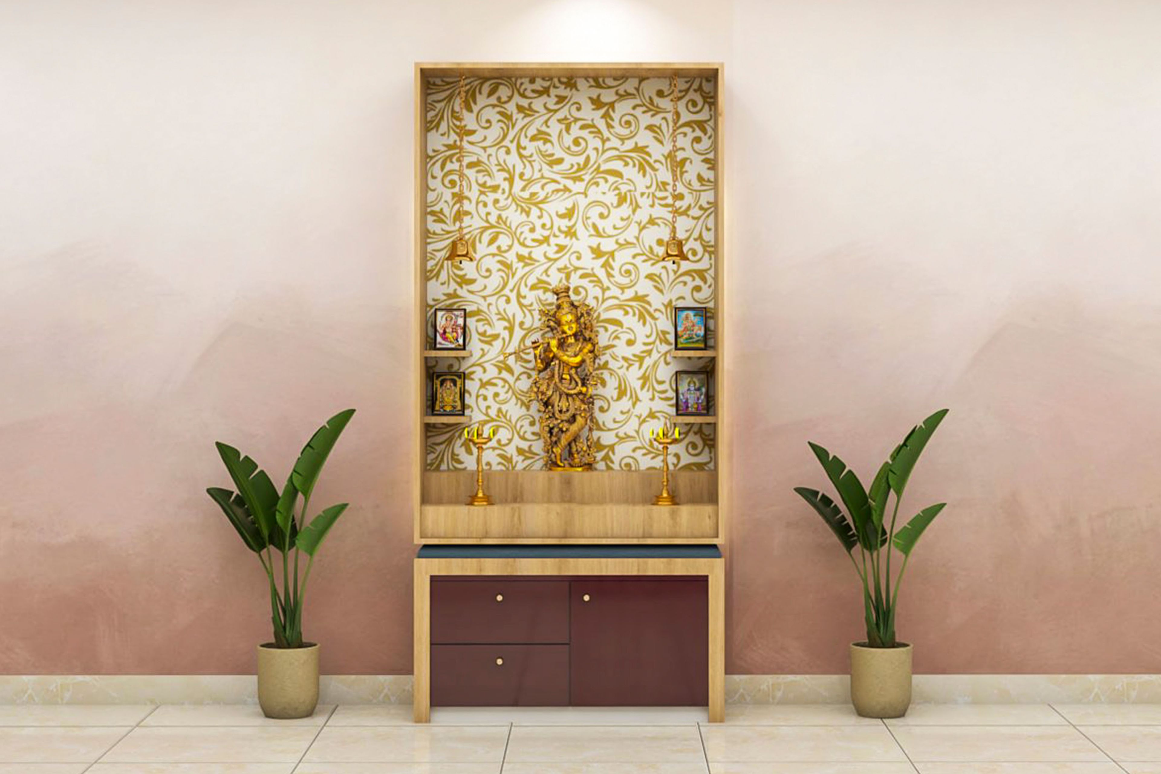 Modern Walnut Bronze Pooja Unit Design with Ornate Backdrop