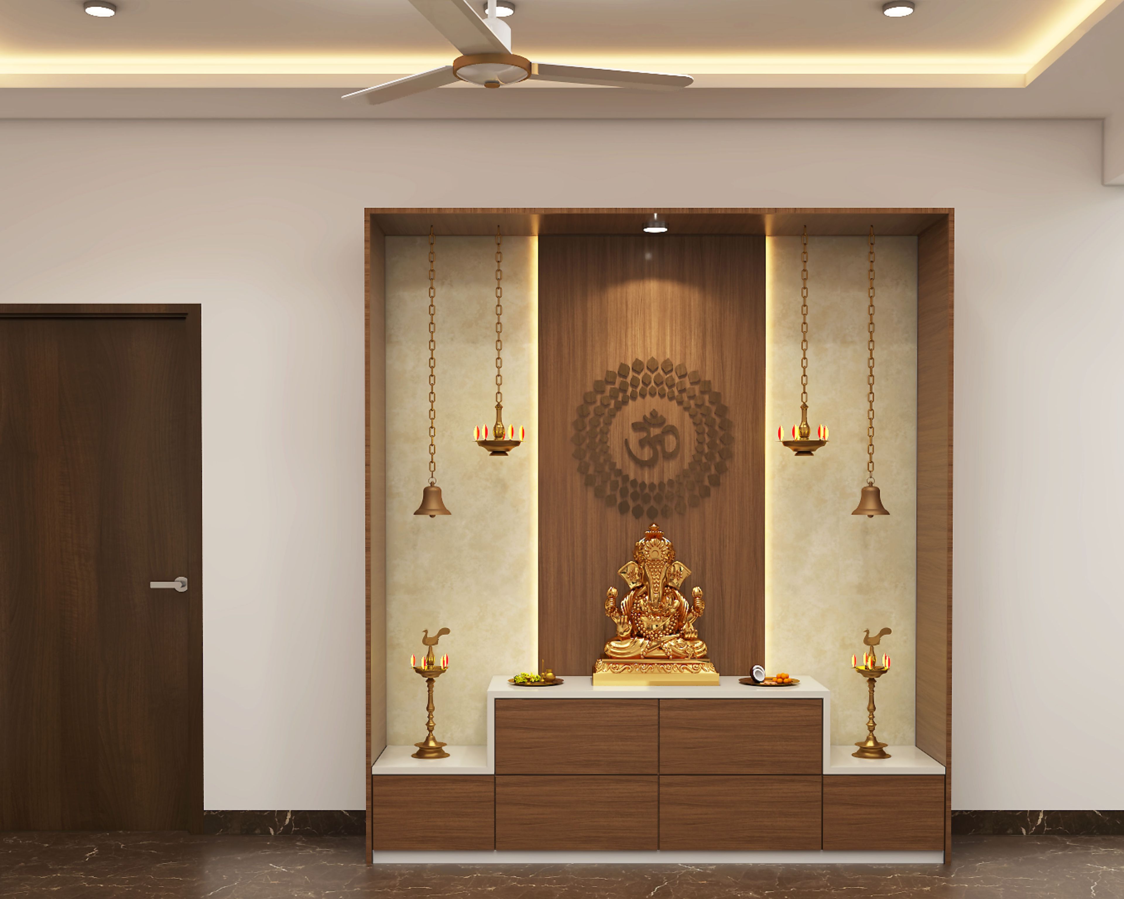 Traditional Walnut Pooja Unit Design with Engraved Om Symbol