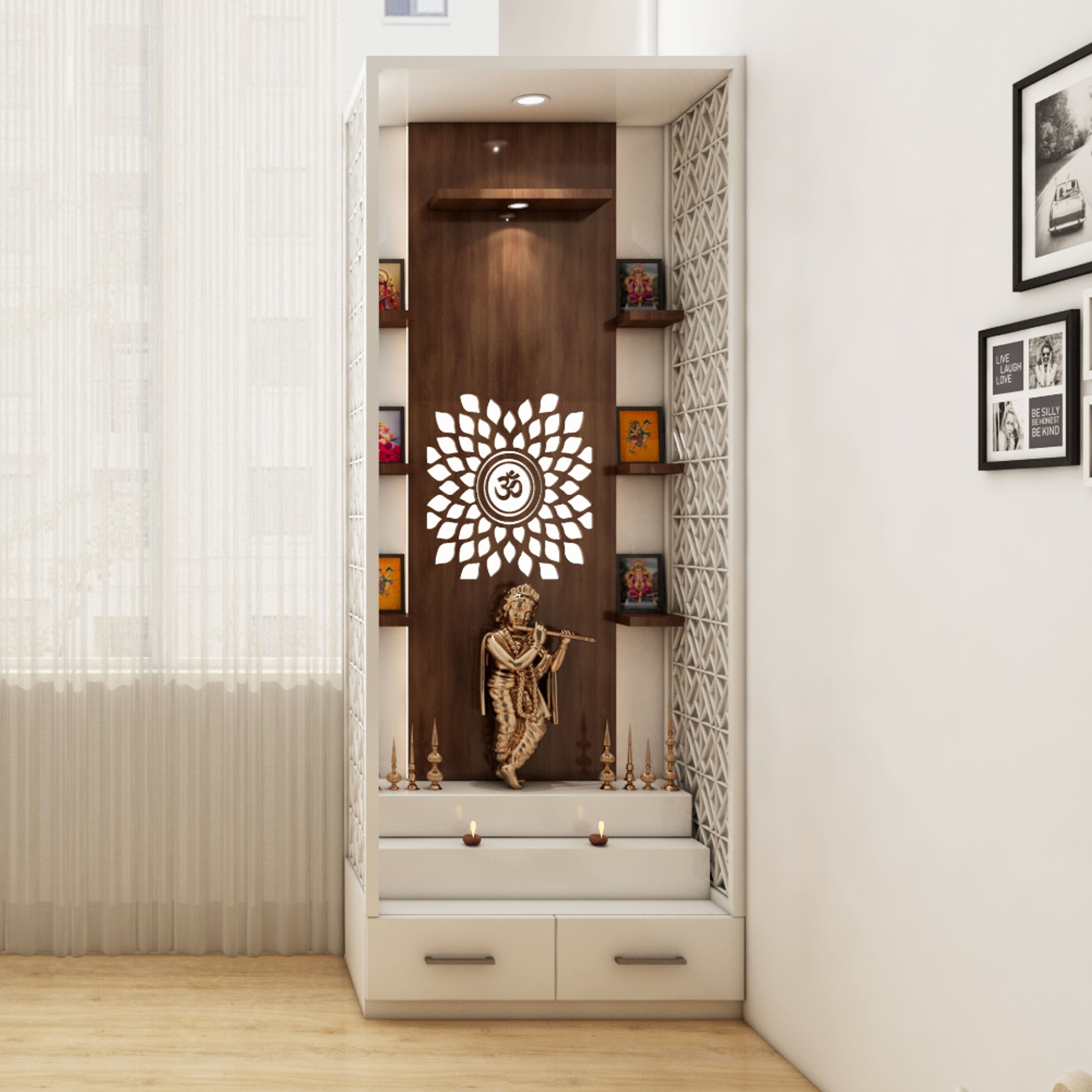 Modern Pooja Unit Design with Geometric Cutout and Warm Wooden Backdrop