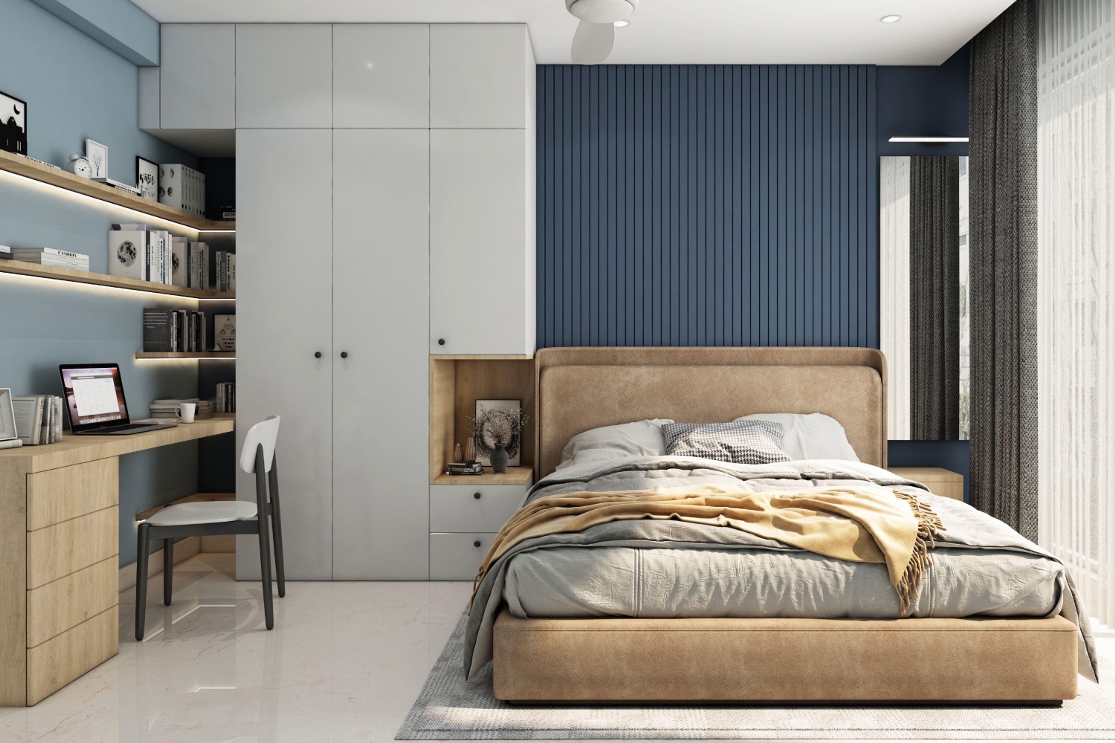 Space-Saving Bedroom with Vertical Storage and Built-in Study Desk