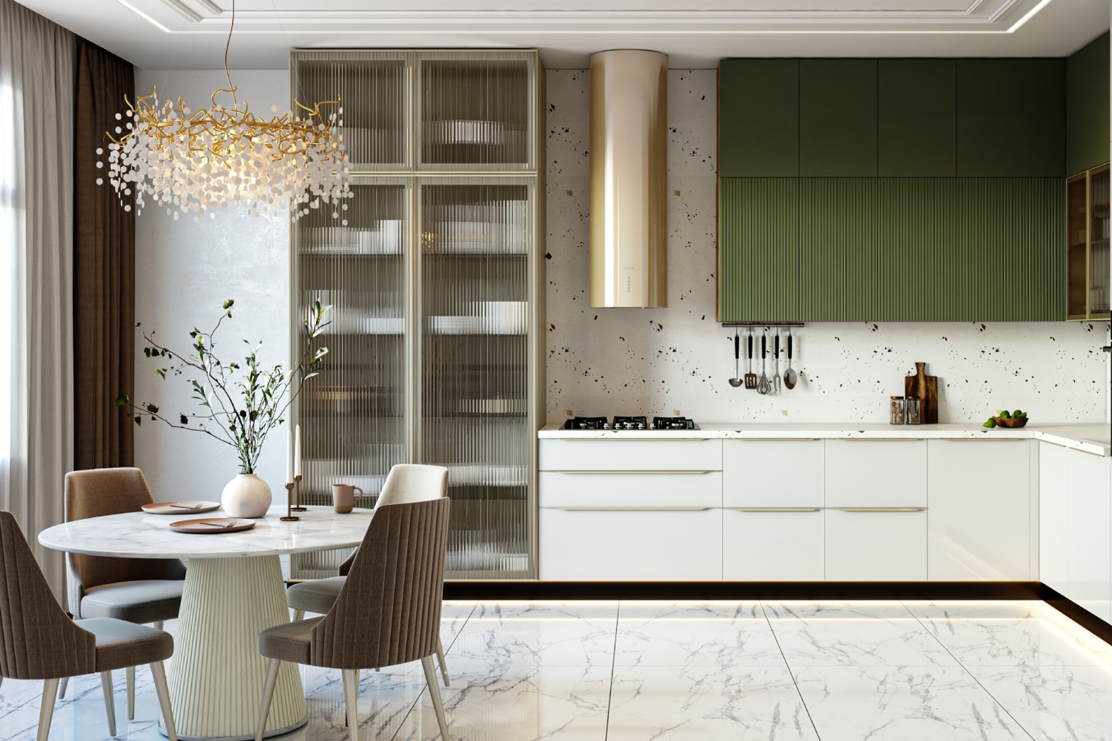 Space-Saving Kitchen with Floor-to-Ceiling Storage and Compact Dining