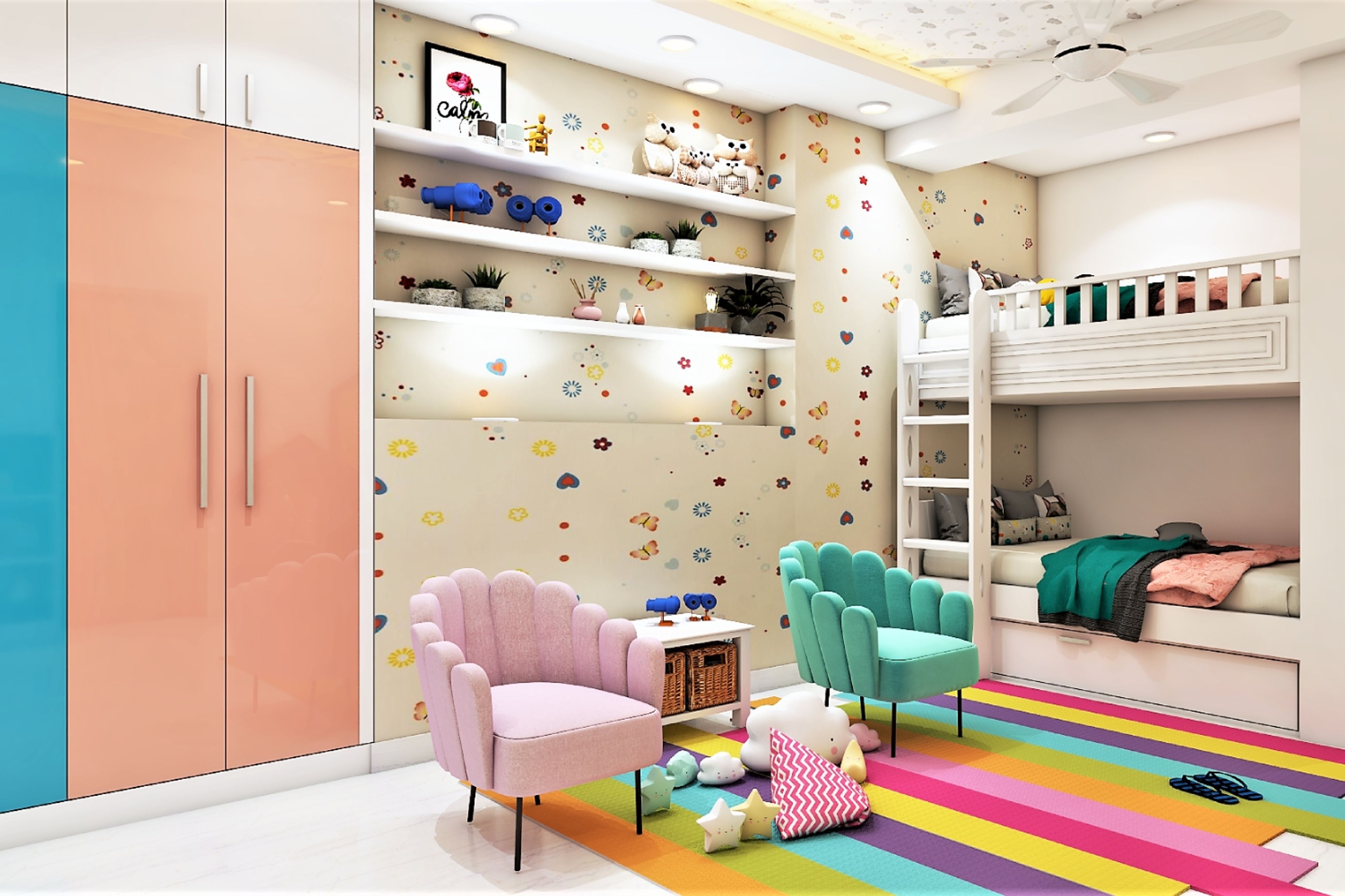 Bunk Bed with Built-In Storage and Wall Shelves