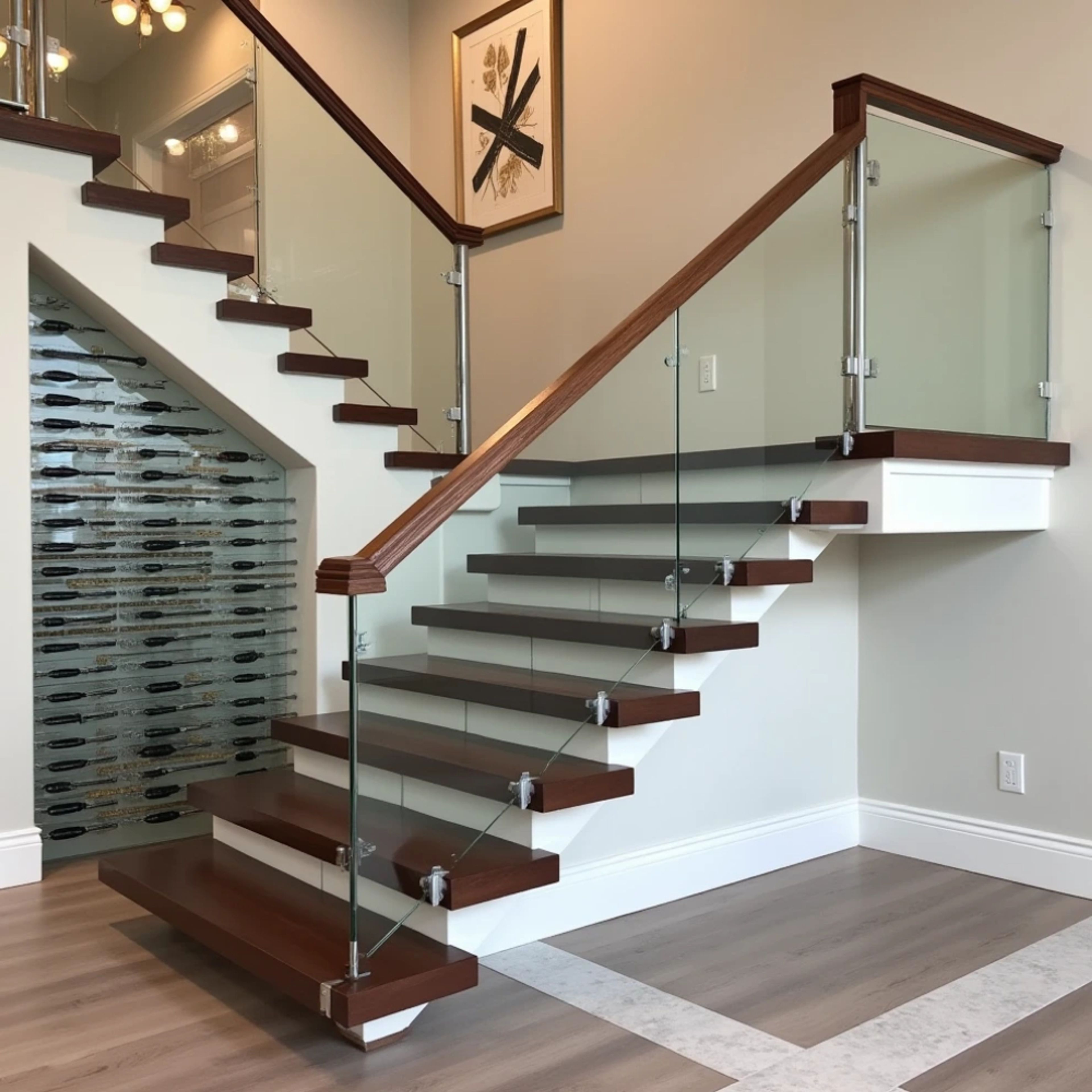 Mid-Century Modern Concrete and Wooden U-Shaped Staircase Design