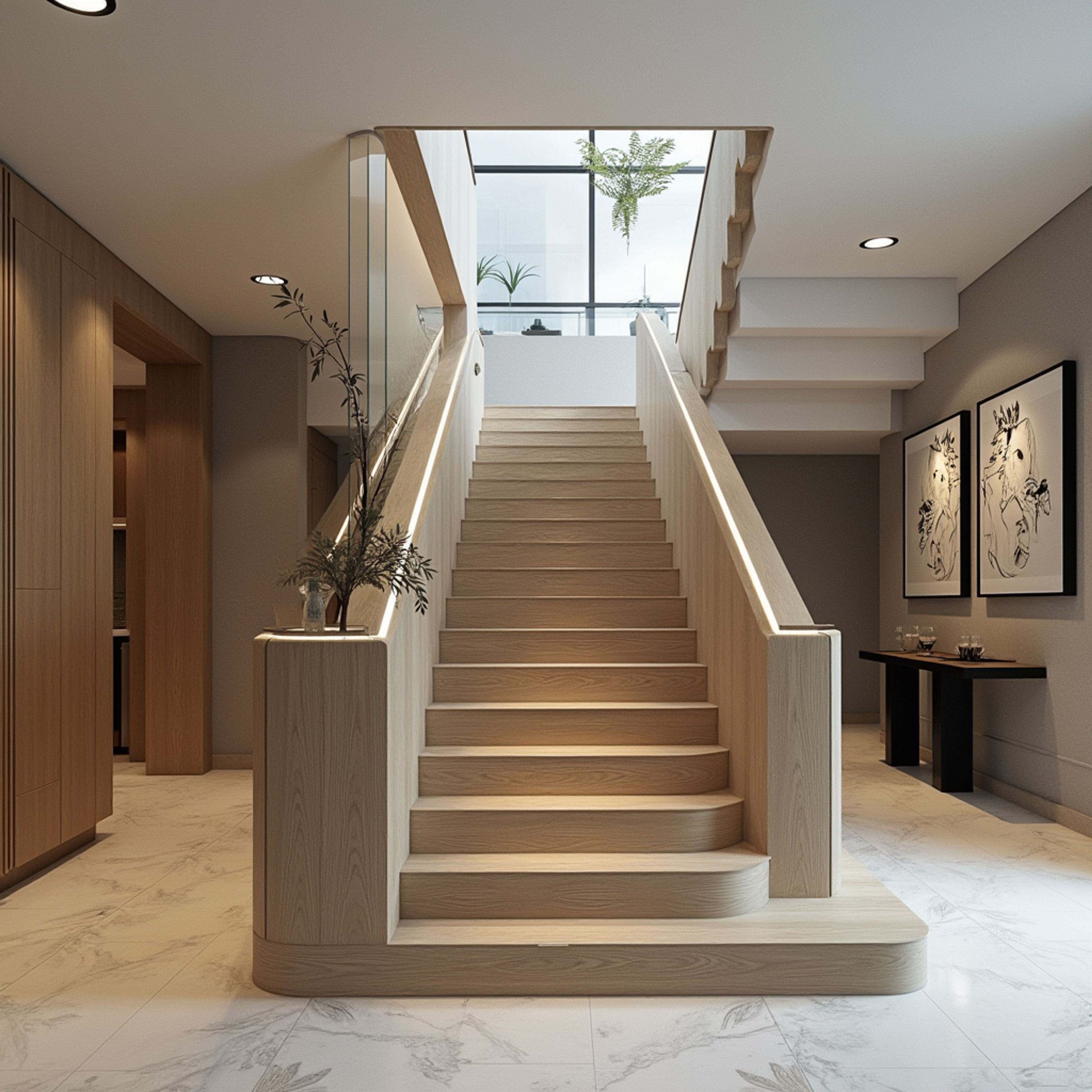 Modern Style Dog-Legged Wooden Staircase Design