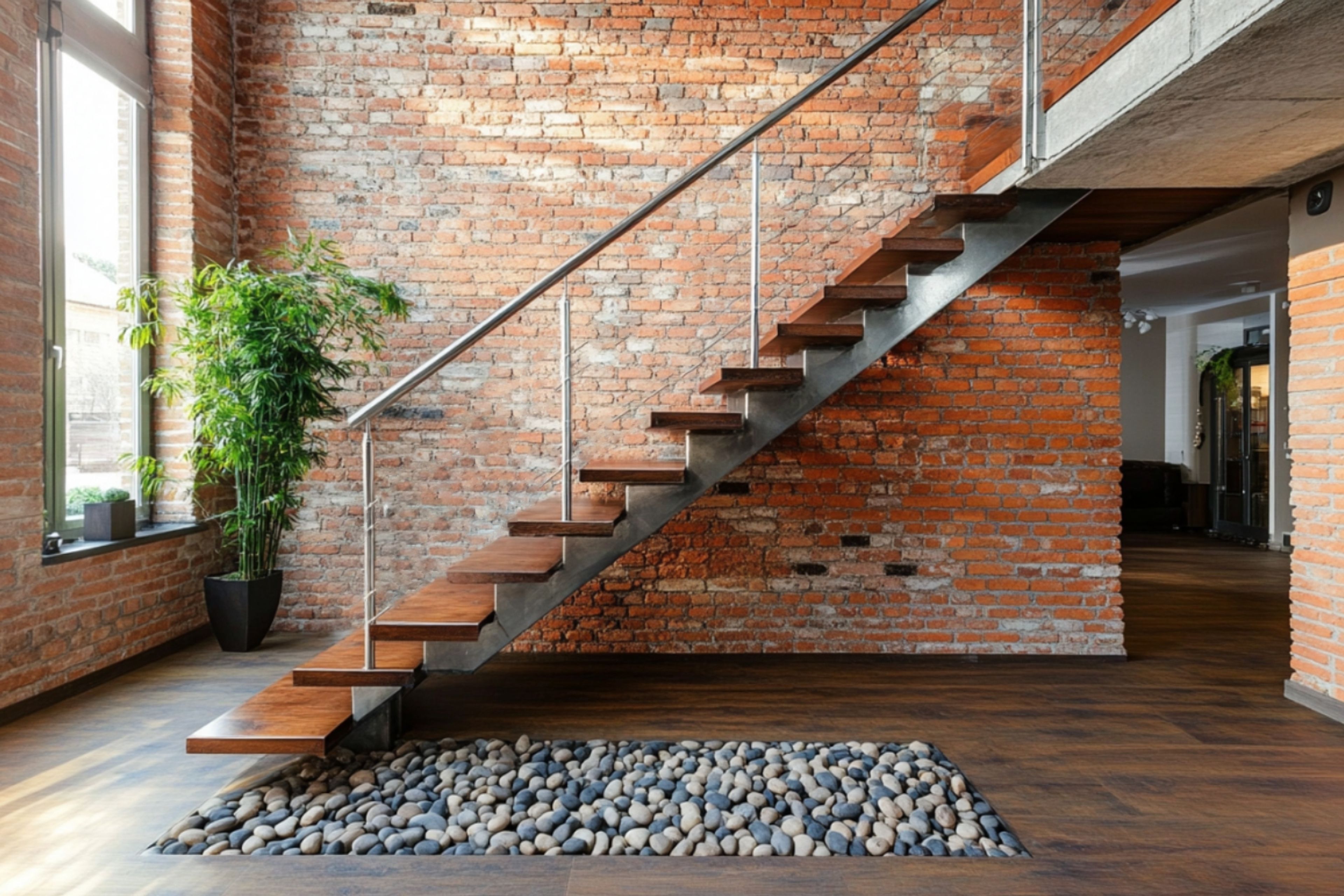 Industrial Straight Staircase Design with Wood and Concrete Construction