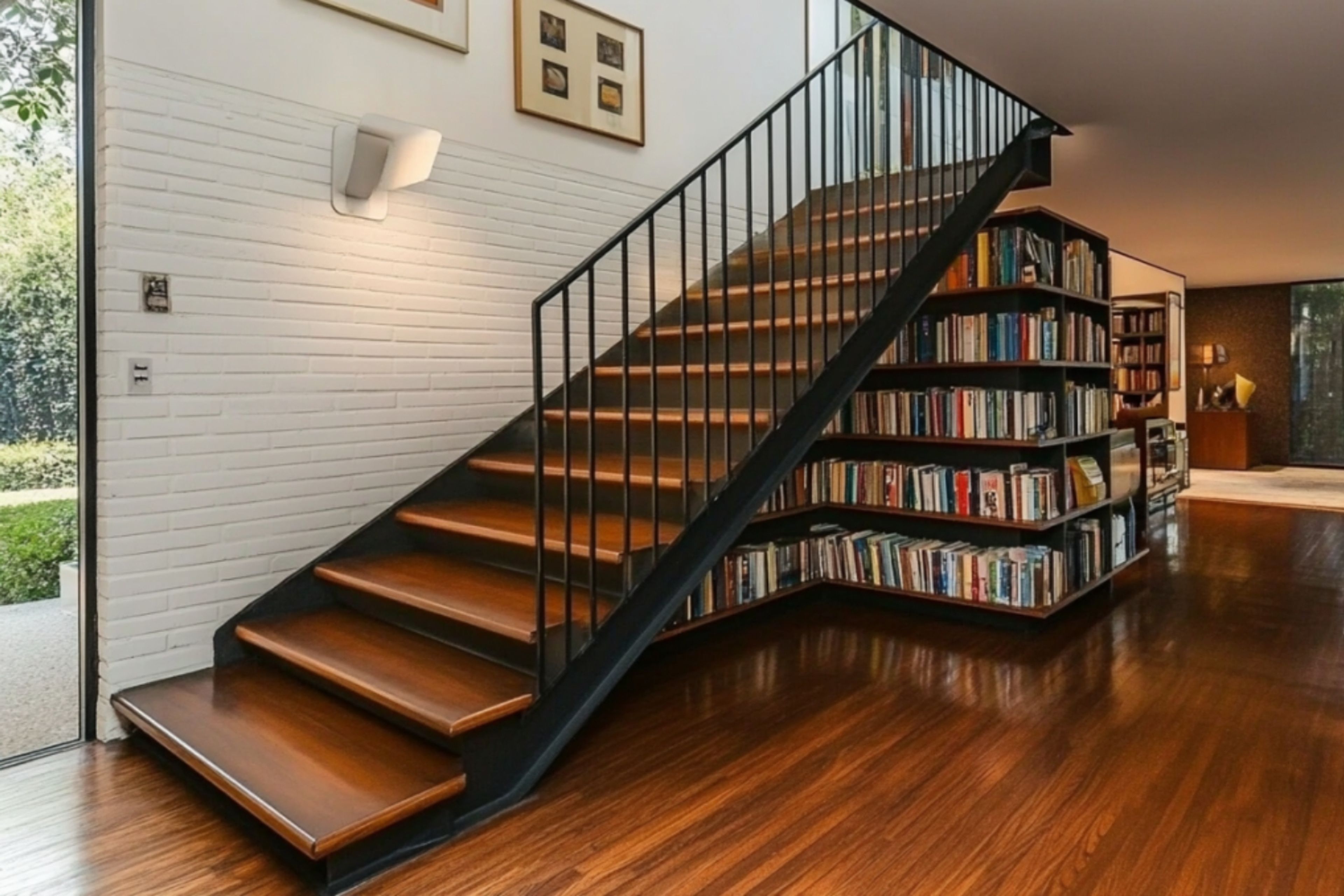 Mid-Century Modern Straight Staircase Design with Wood and Steel