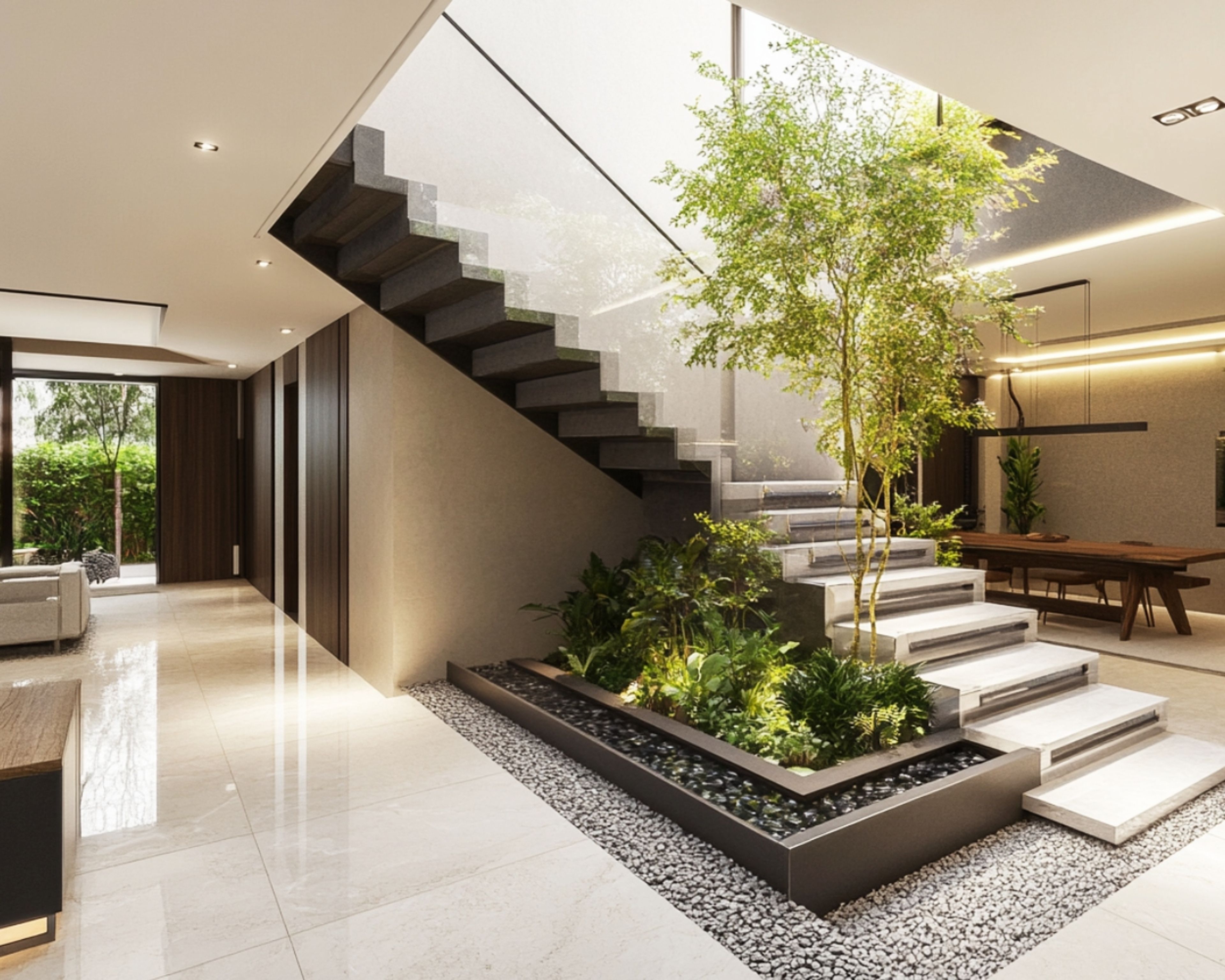 Contemporary L-Shaped Staircase Design Made of Glass and Tile