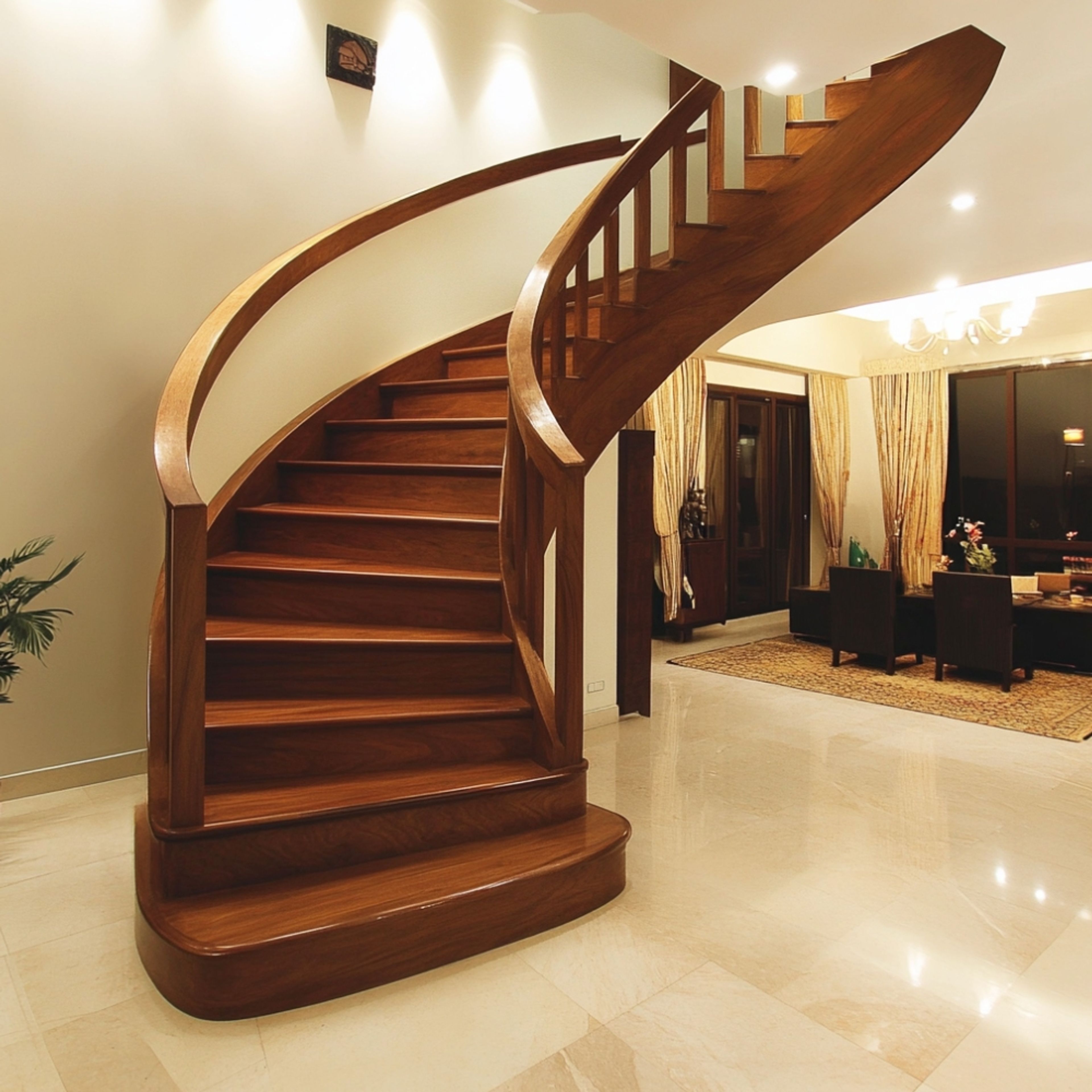 Classic Curved Staircase Design with Rich Wooden Finish