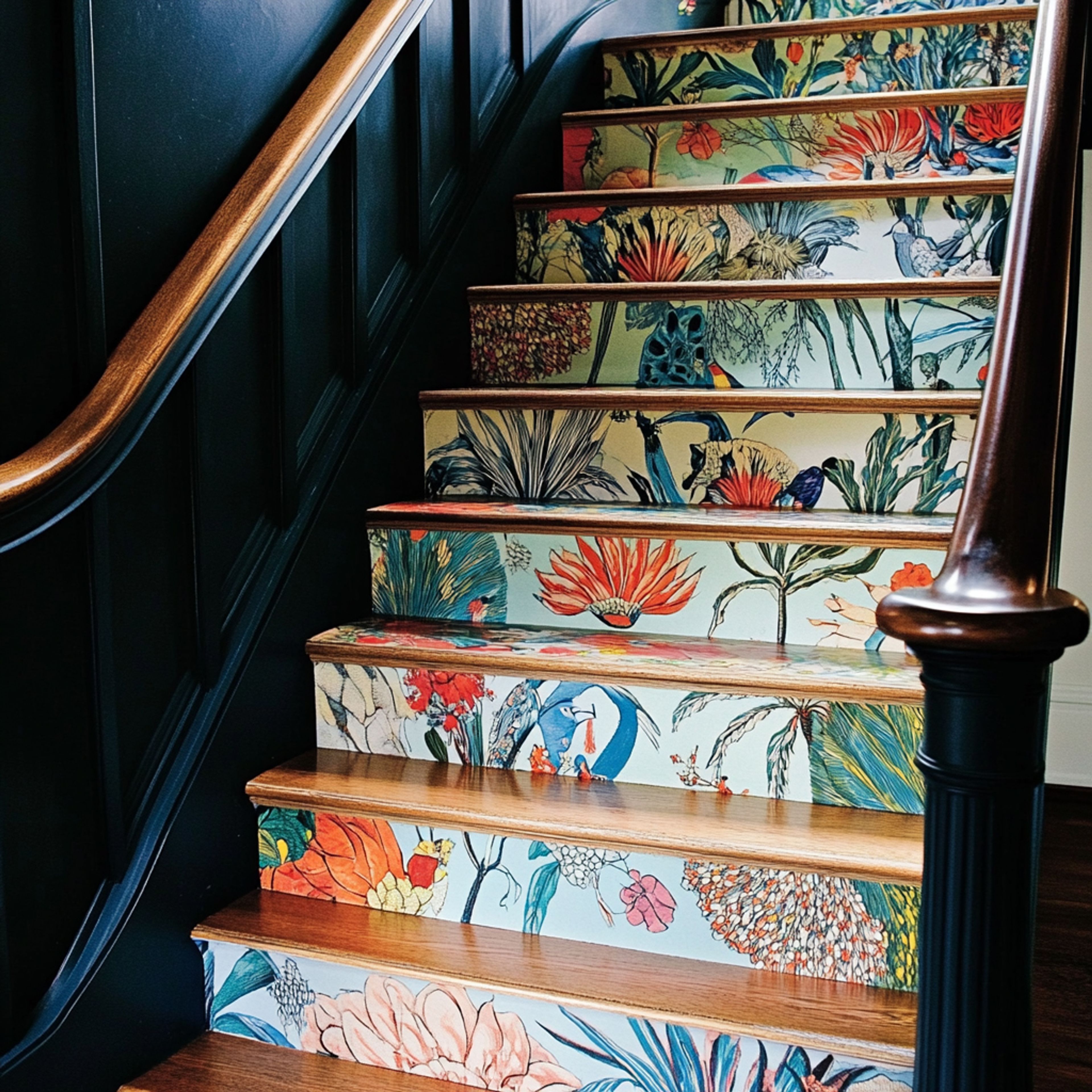 Bohemian Straight Staircase Design with Hardwood Steps