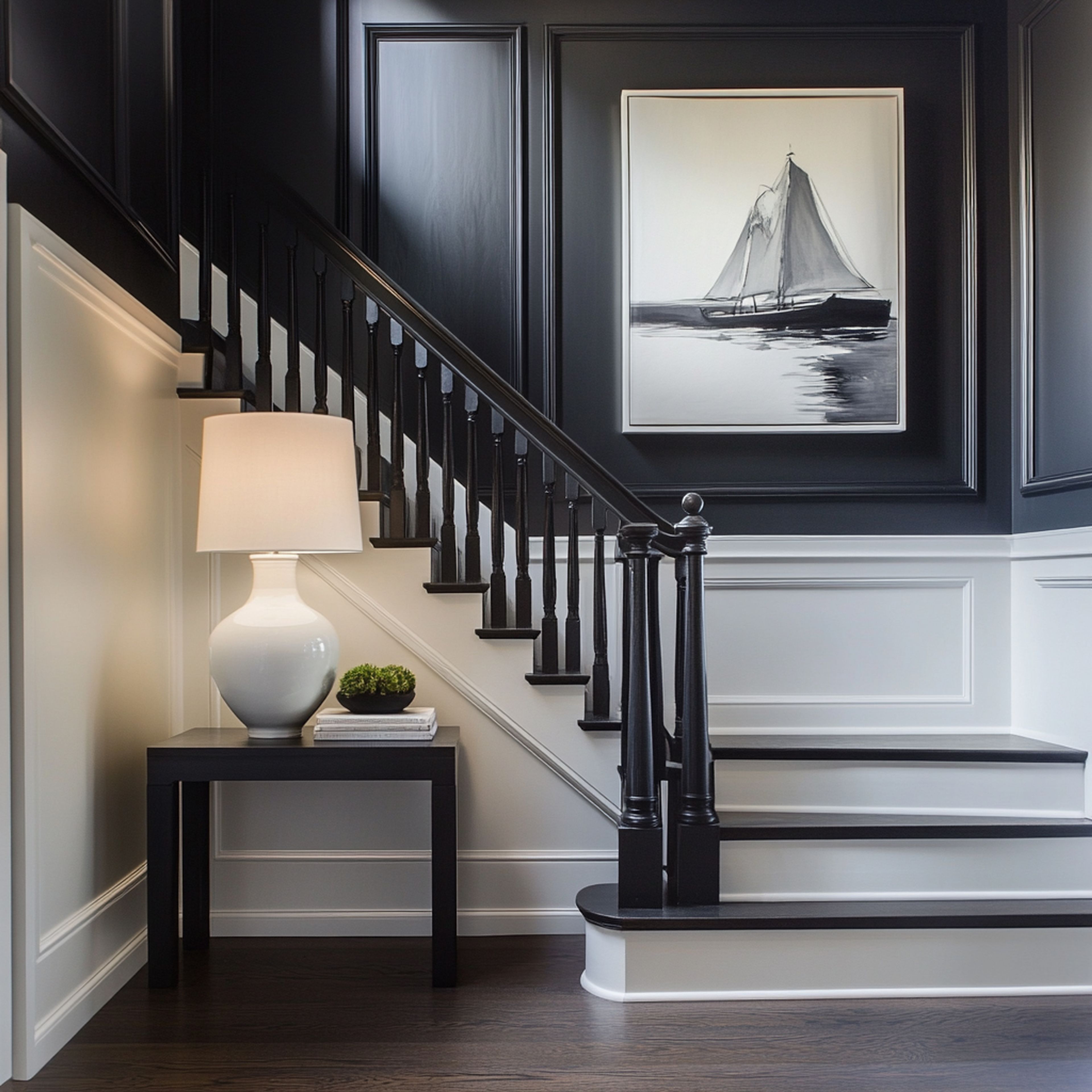Classic L-Shaped Wooden Staircase Design in Black and White