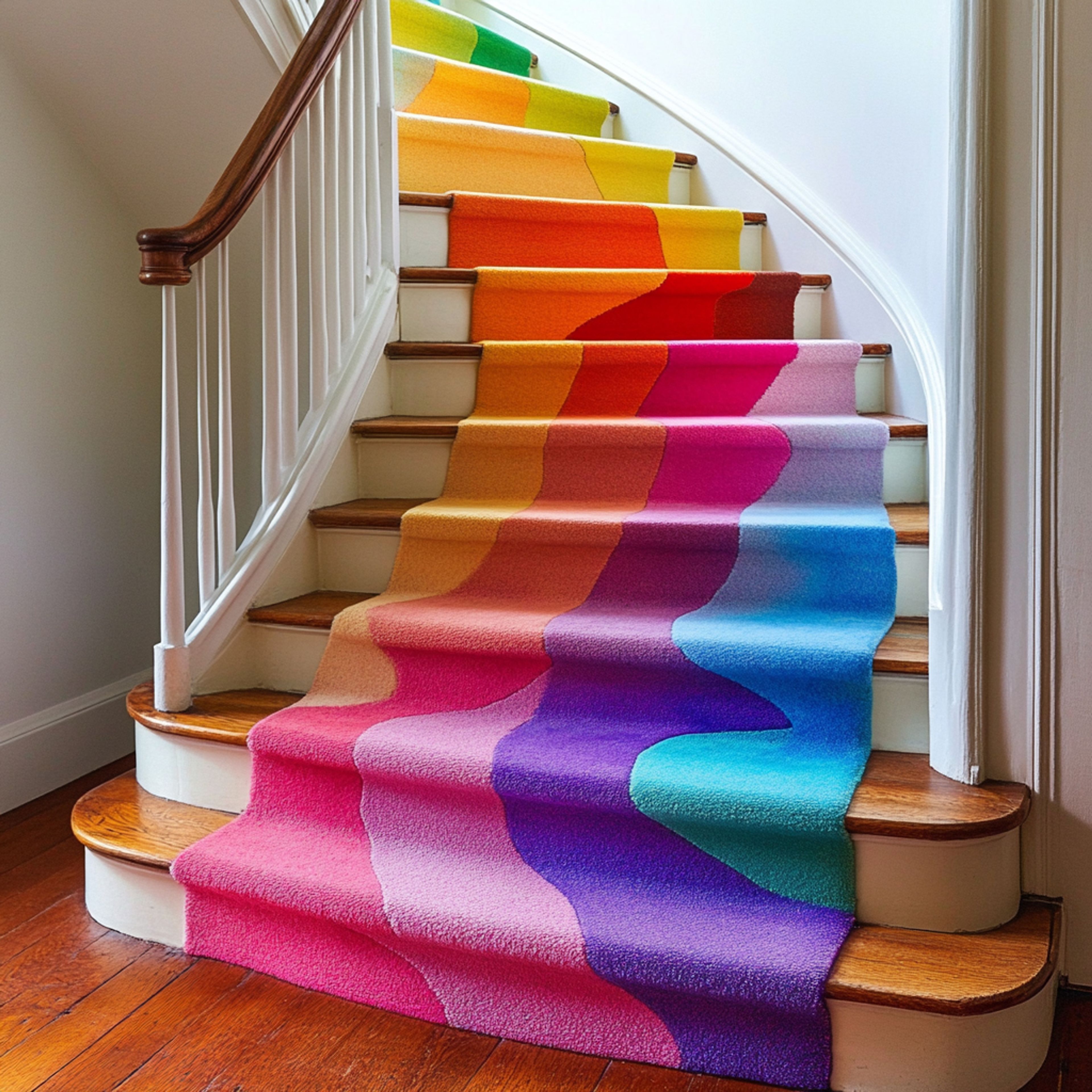 Contemporary Curved Wooden Staircase Design with White Painted Risers