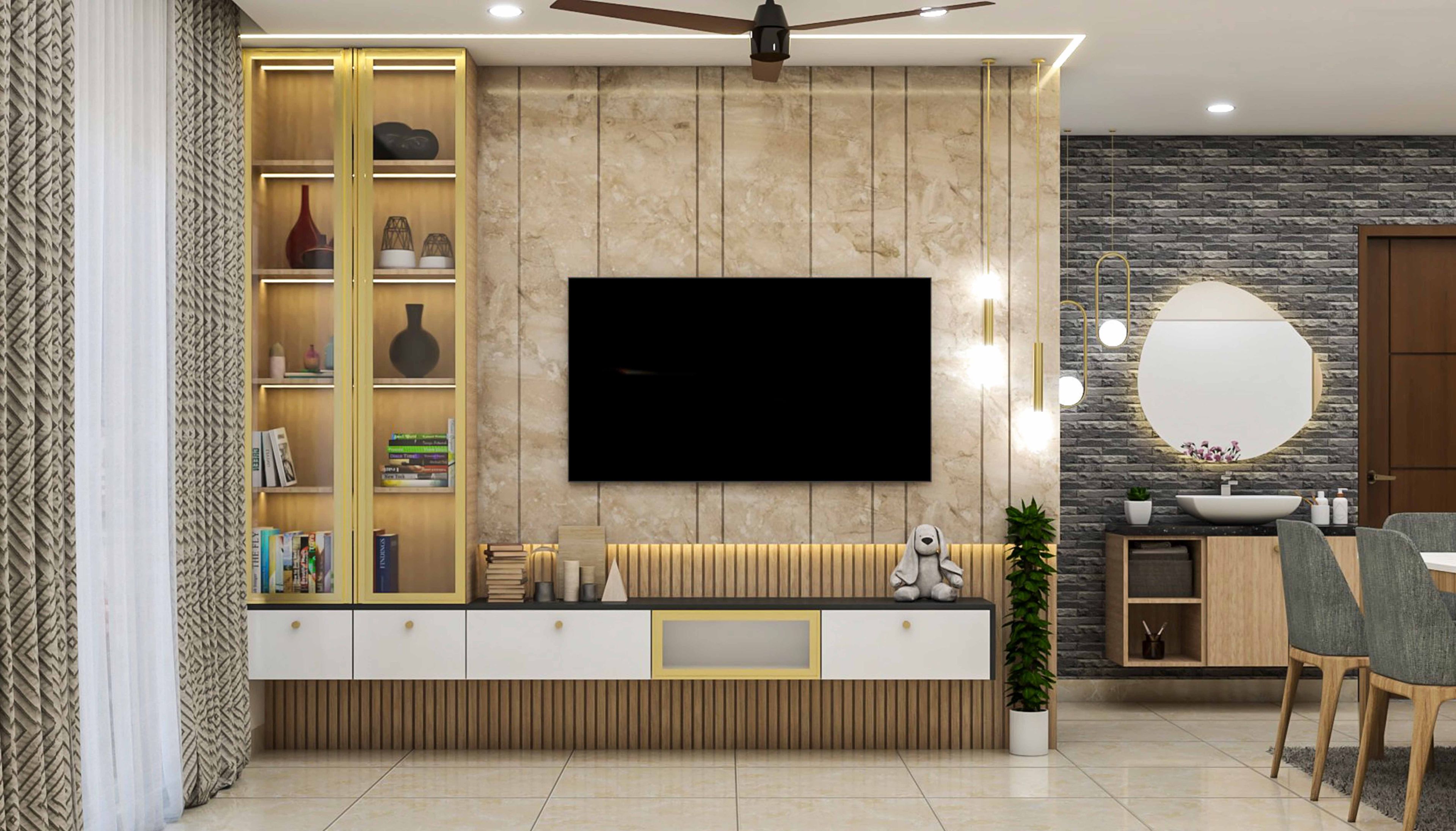 White, Black and Acacia TV Unit Design