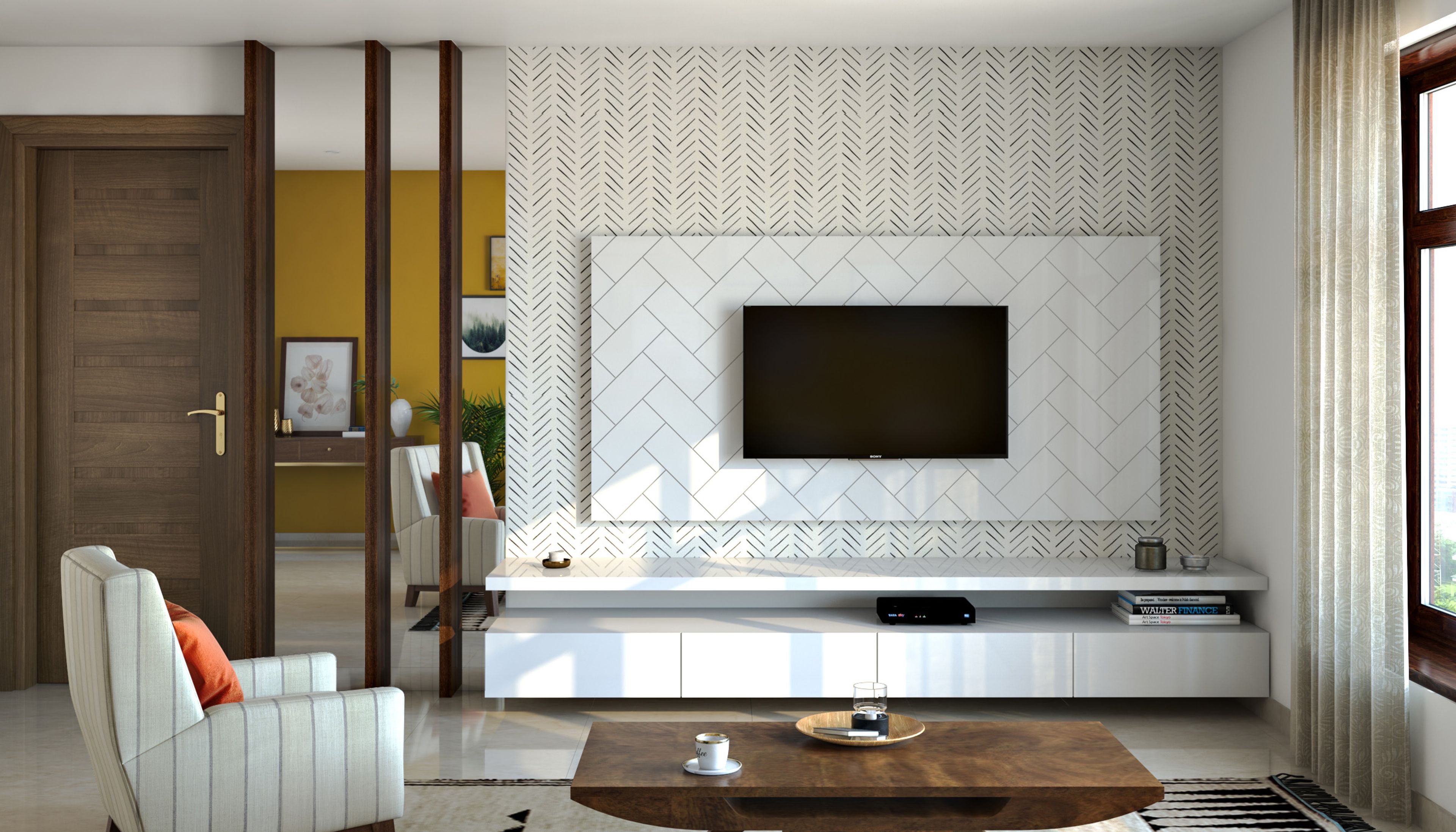 White TV Unit Design with High Gloss Laminate Finish