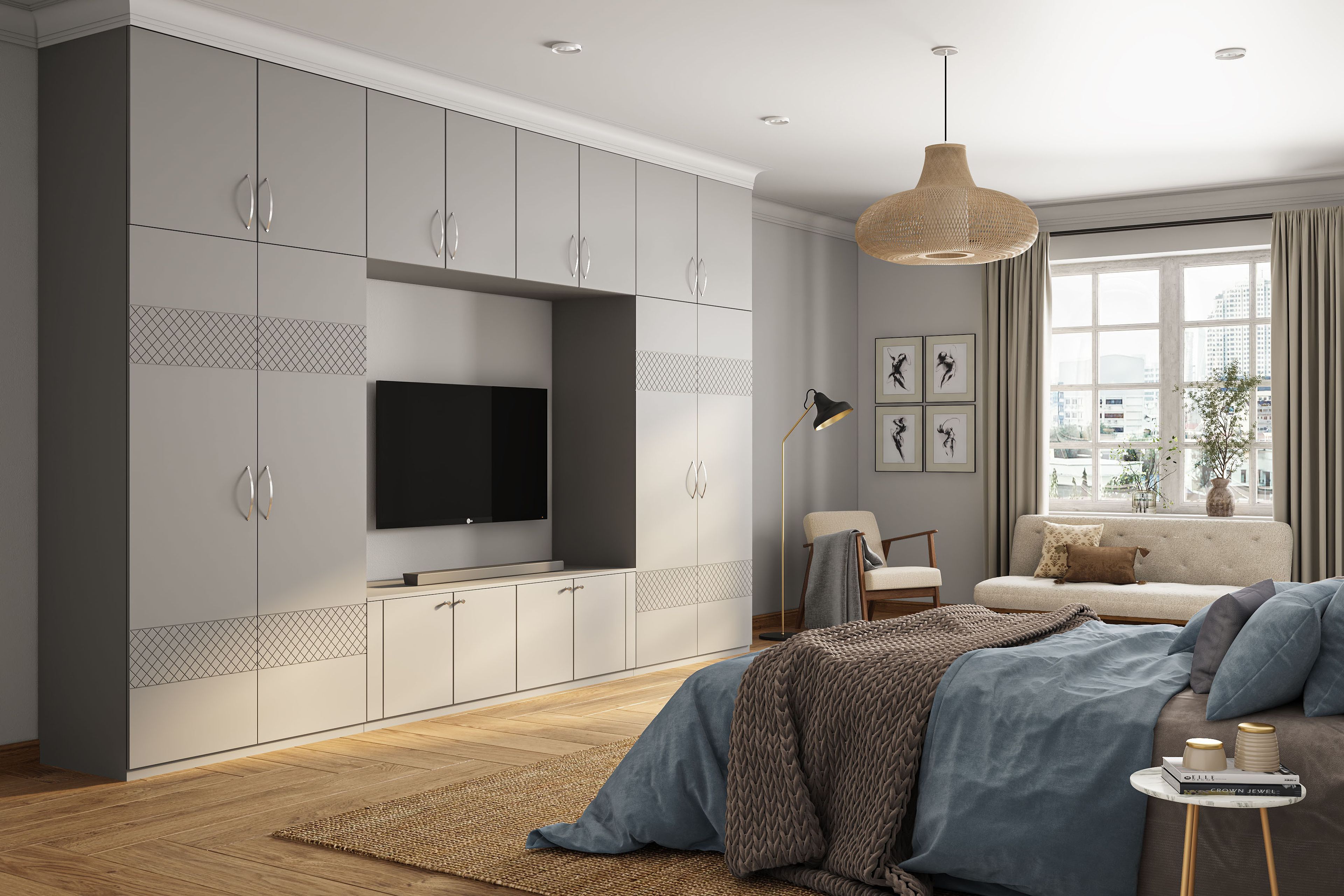 Grey TV Unit Design with Matte Finish Membrane Shutter Finish