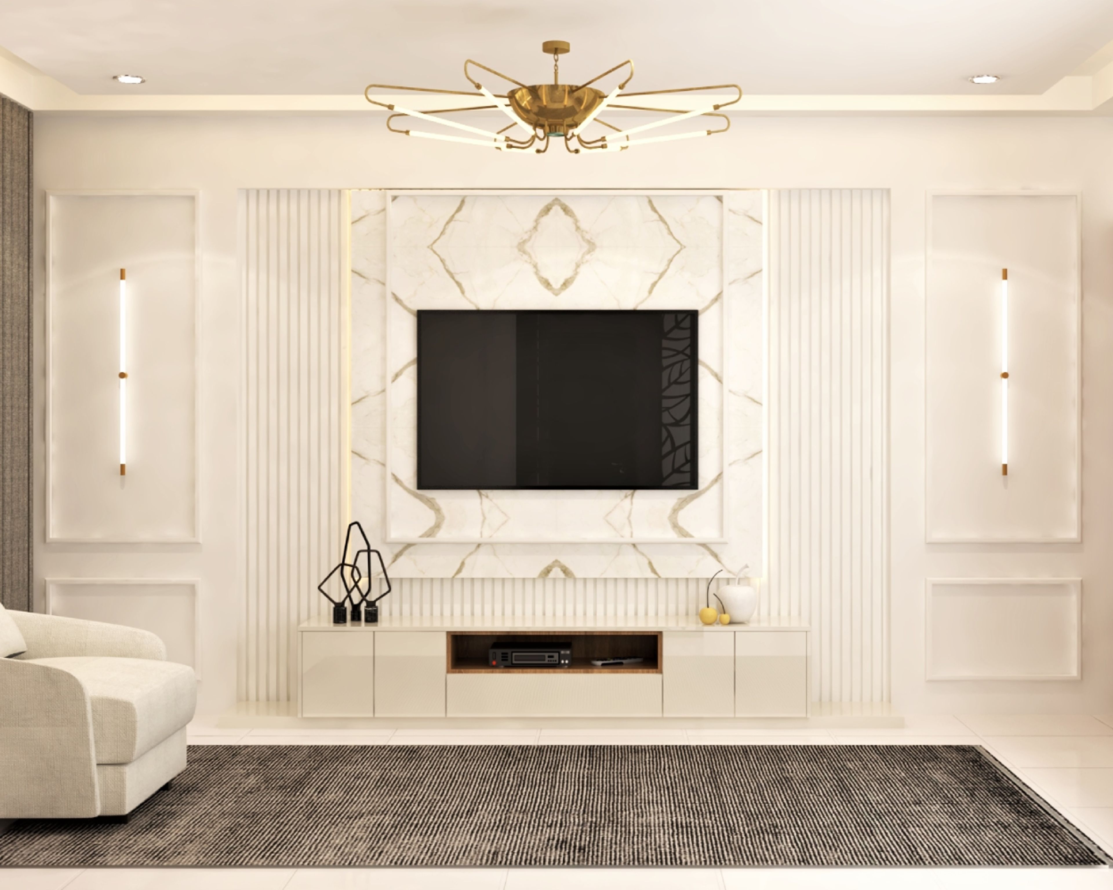 Champagne-Toned Contemporary TV Unit Design with High-Gloss Finish
