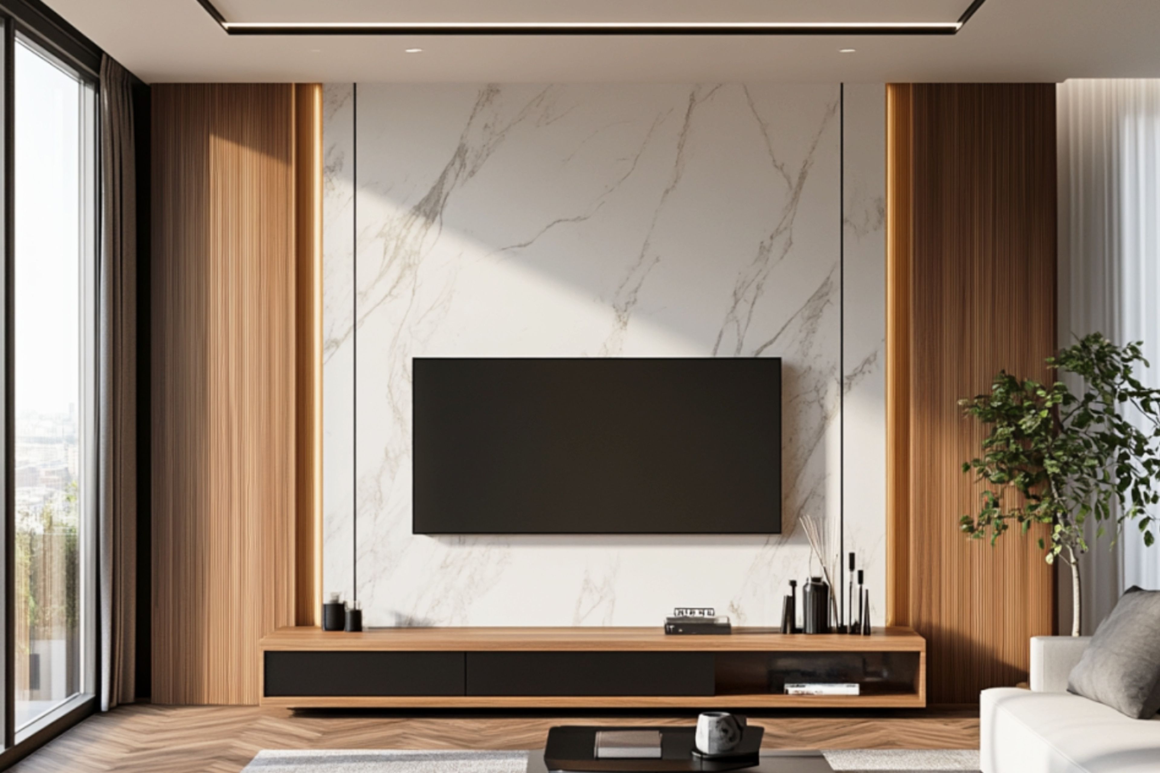 TV Unit Design with  Drawers and Open Shelving