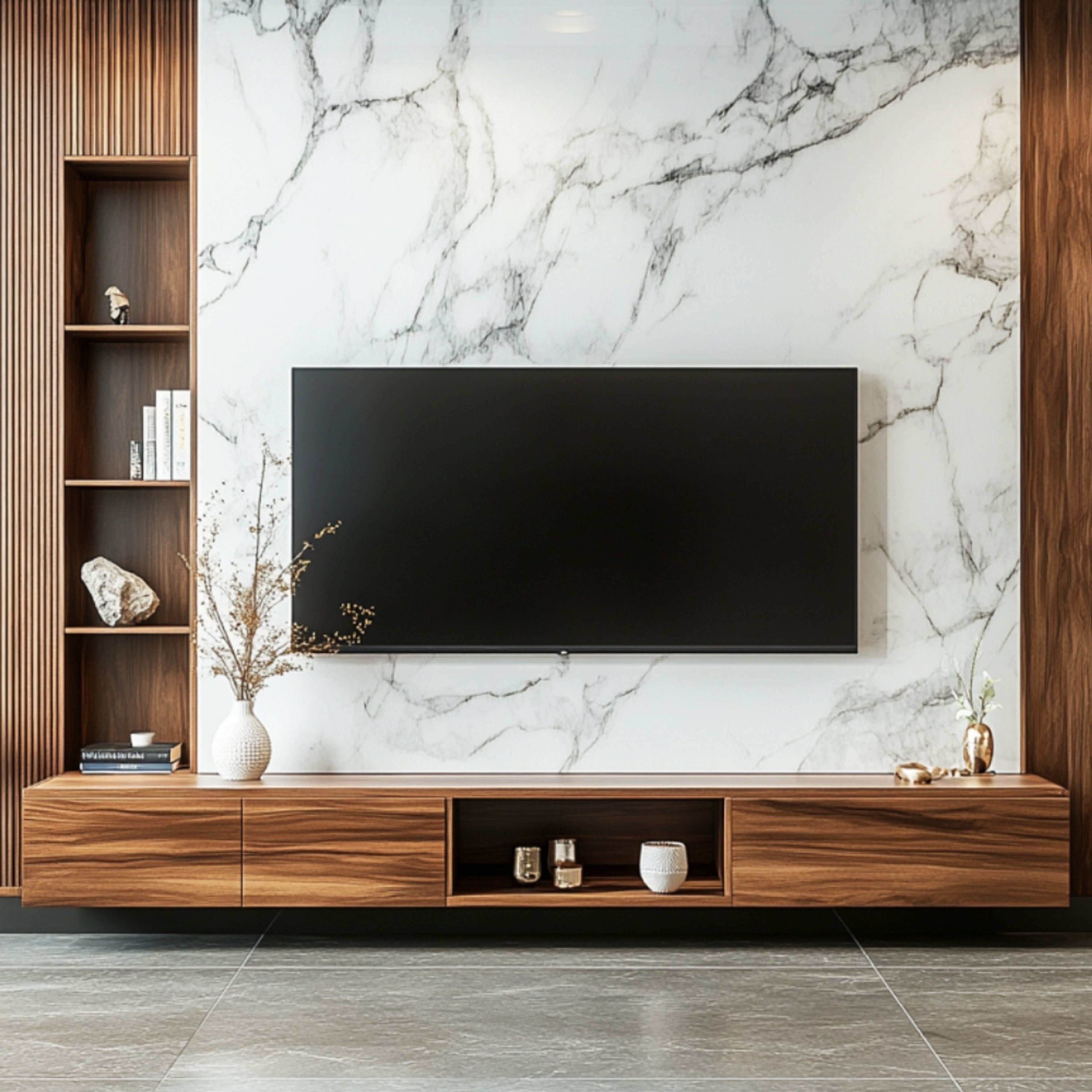 Walnut Bronze TV Unit Design with Marble Backdrop