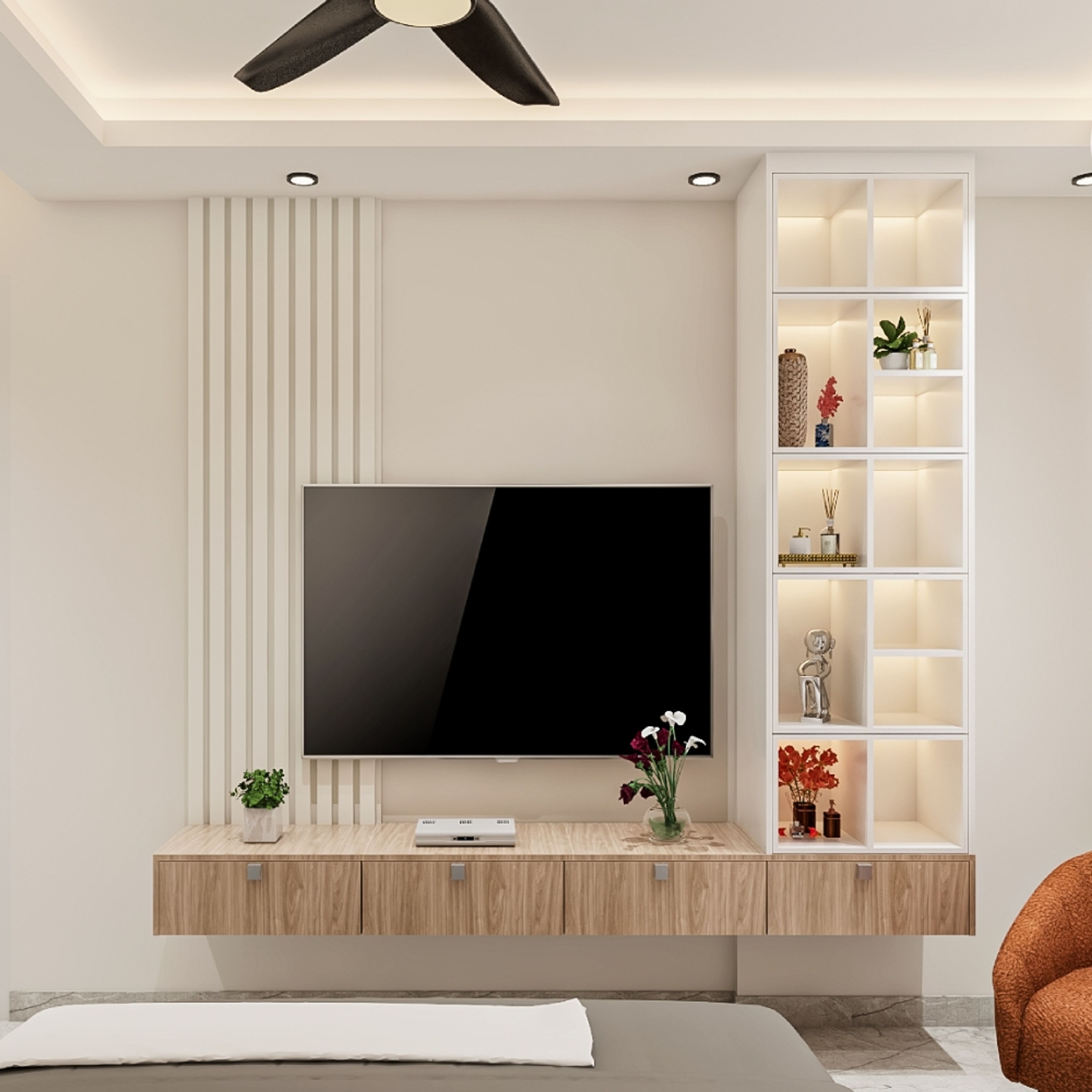 Modern Floating TV Console Unit Design with LED-Lit Display Shelves