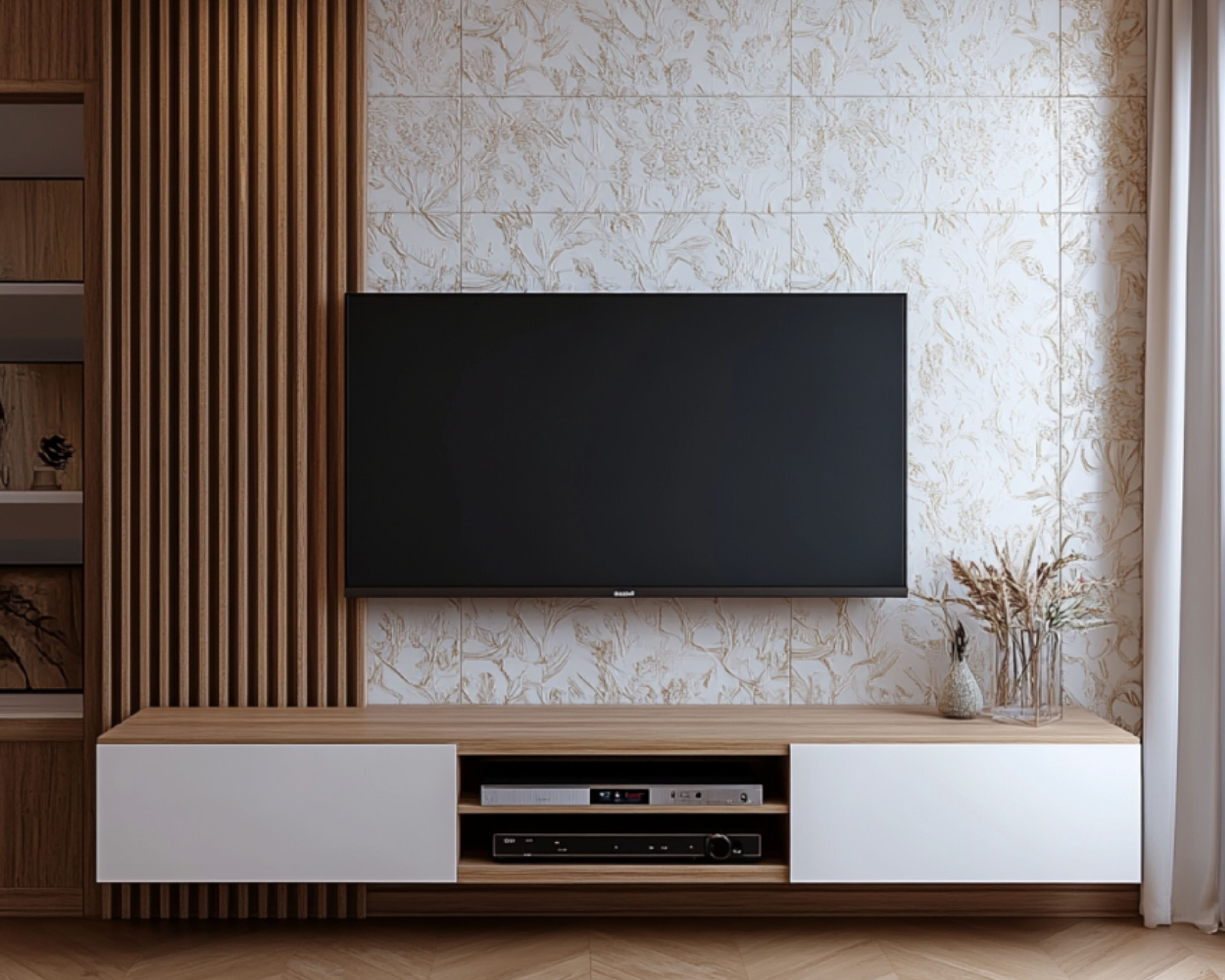 TV Unit Design with Drawers and Open Shelves