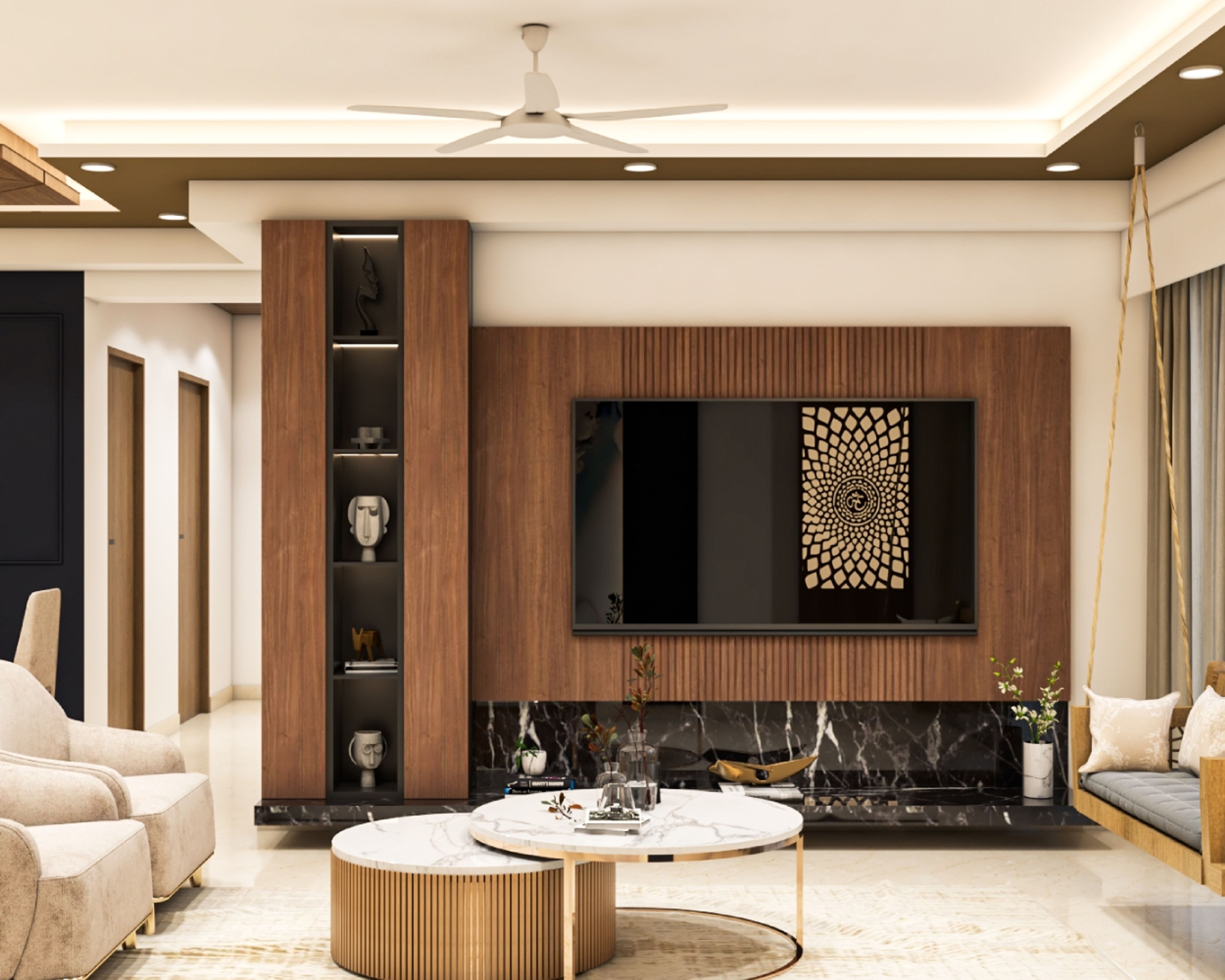 TV Unit Design with Shelving and Marble Fireplace