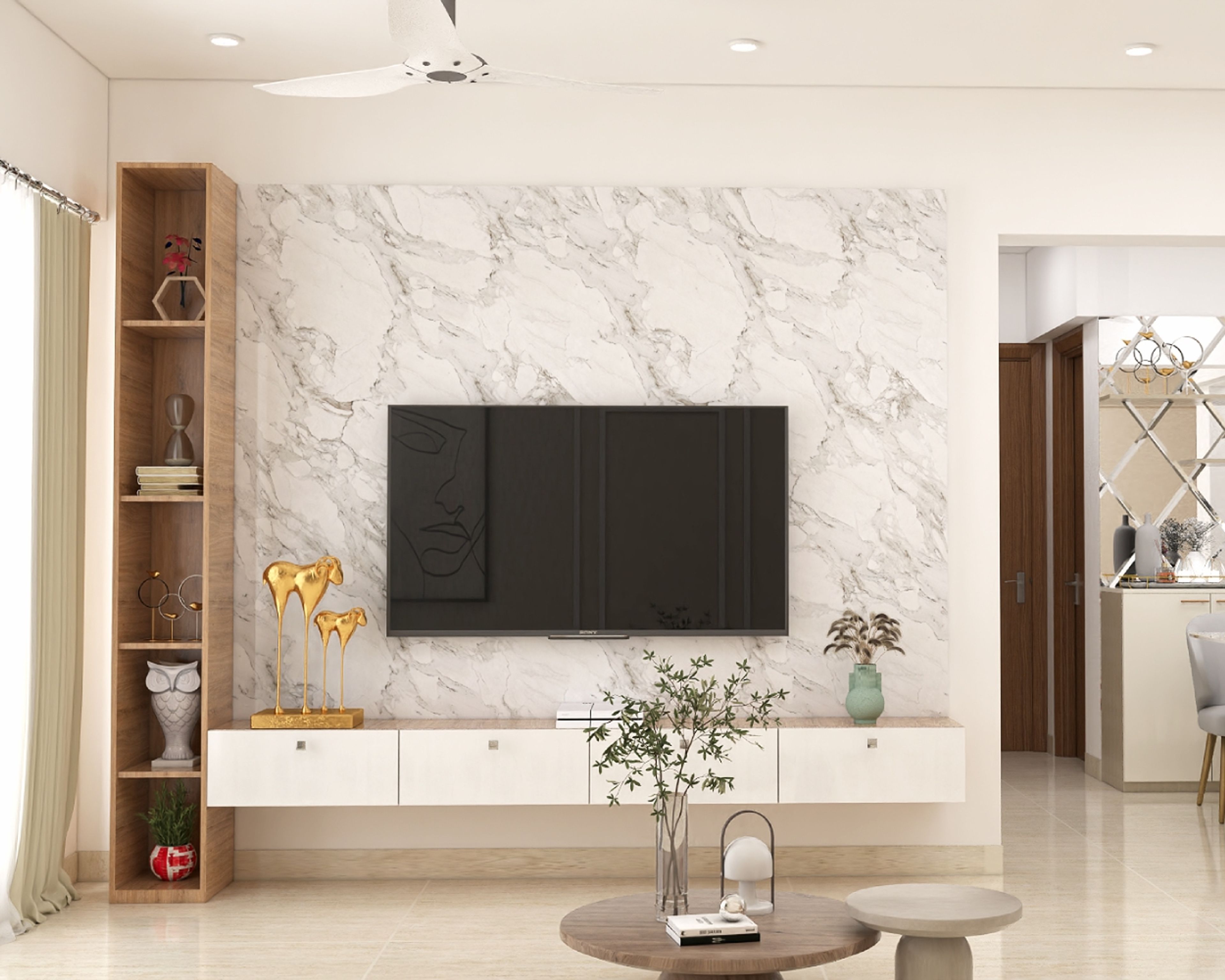 Modern White TV Unit Design with Walnut Coloured Storage Shelf