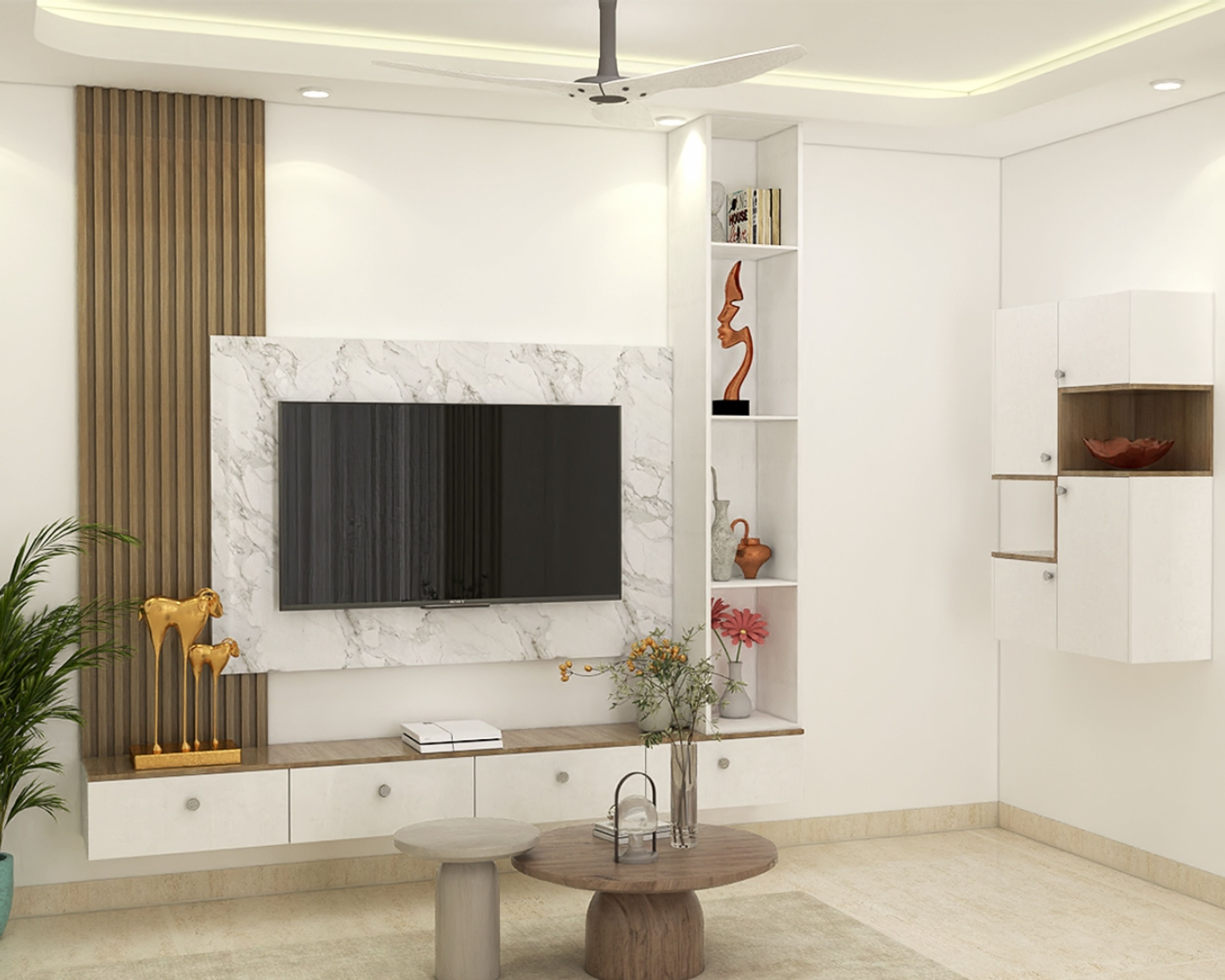 Modern TV Unit Design in Frosty White with Walnut Bronze Finish