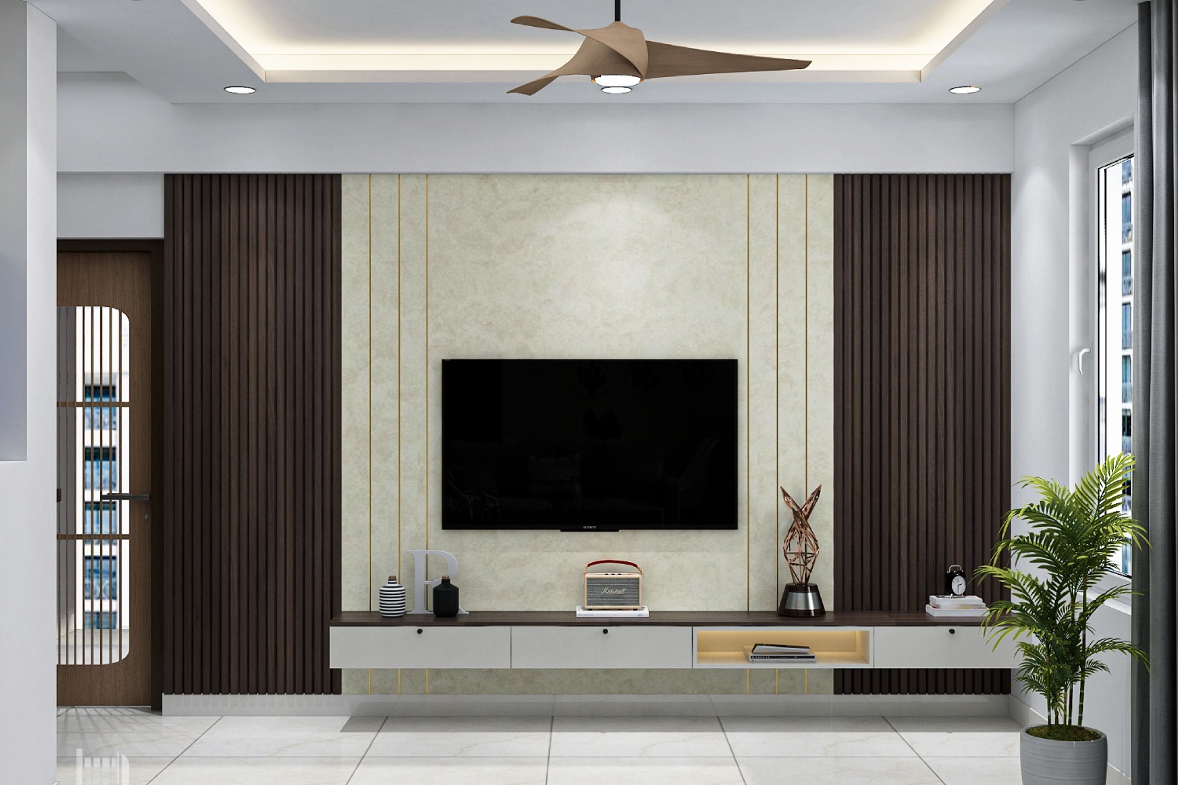 Mid-Century Modern TV Unit Design in Smoke Grey and Canadian Walnut