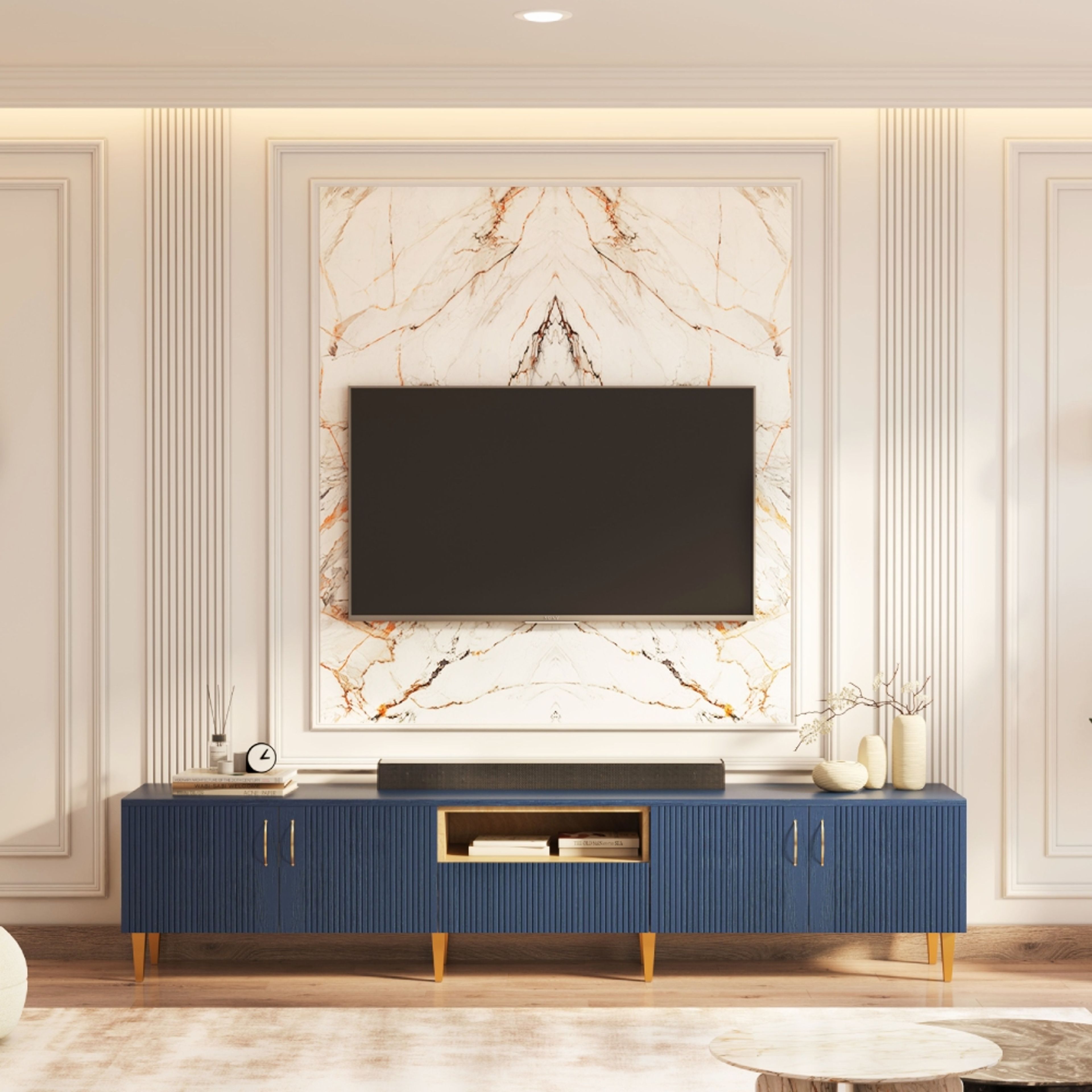 Wave Blue TV Unit Design with Marble Backdrop