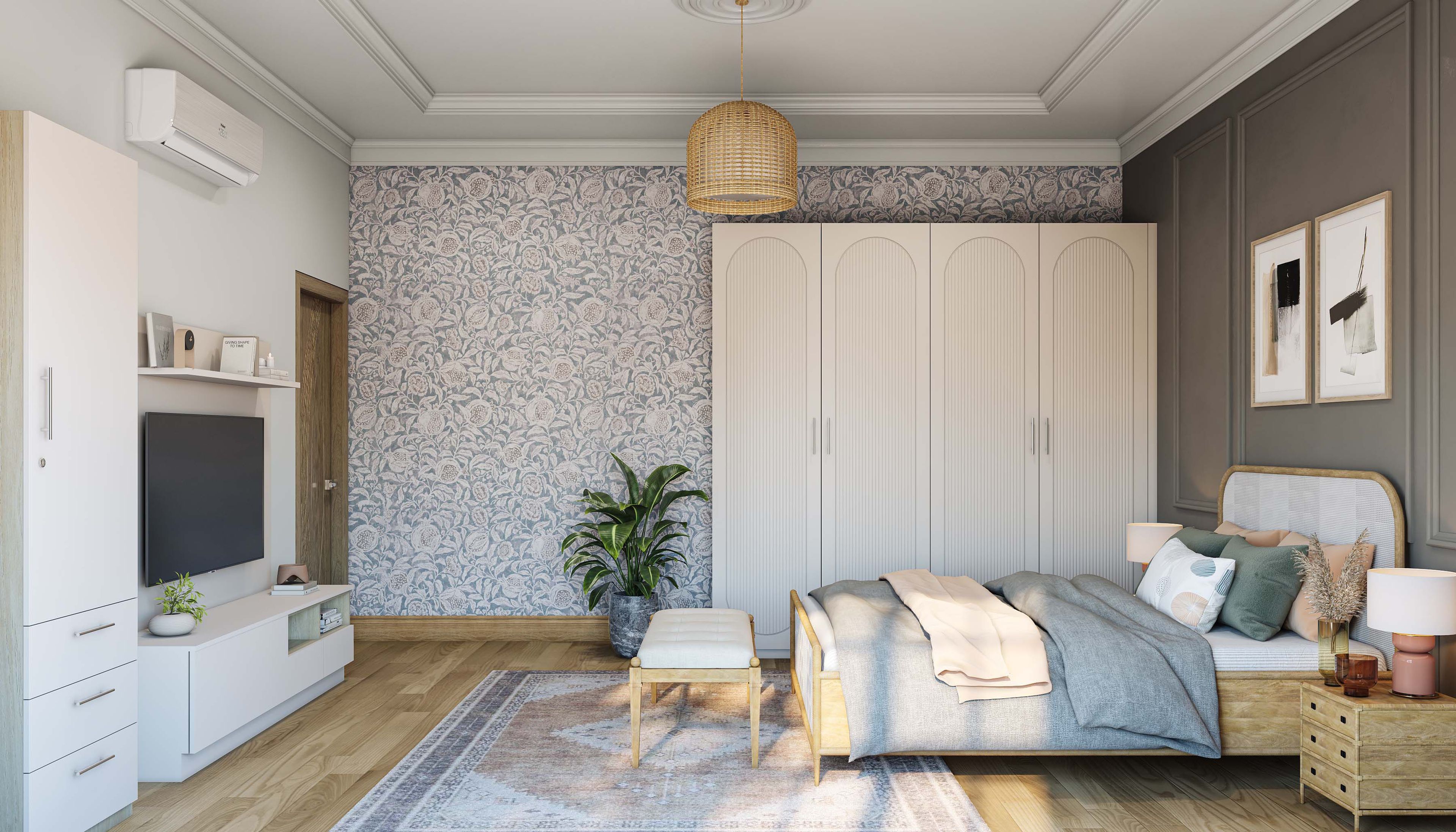 Classic Floral Pattern Wallpaper Design in Blue, Beige and White