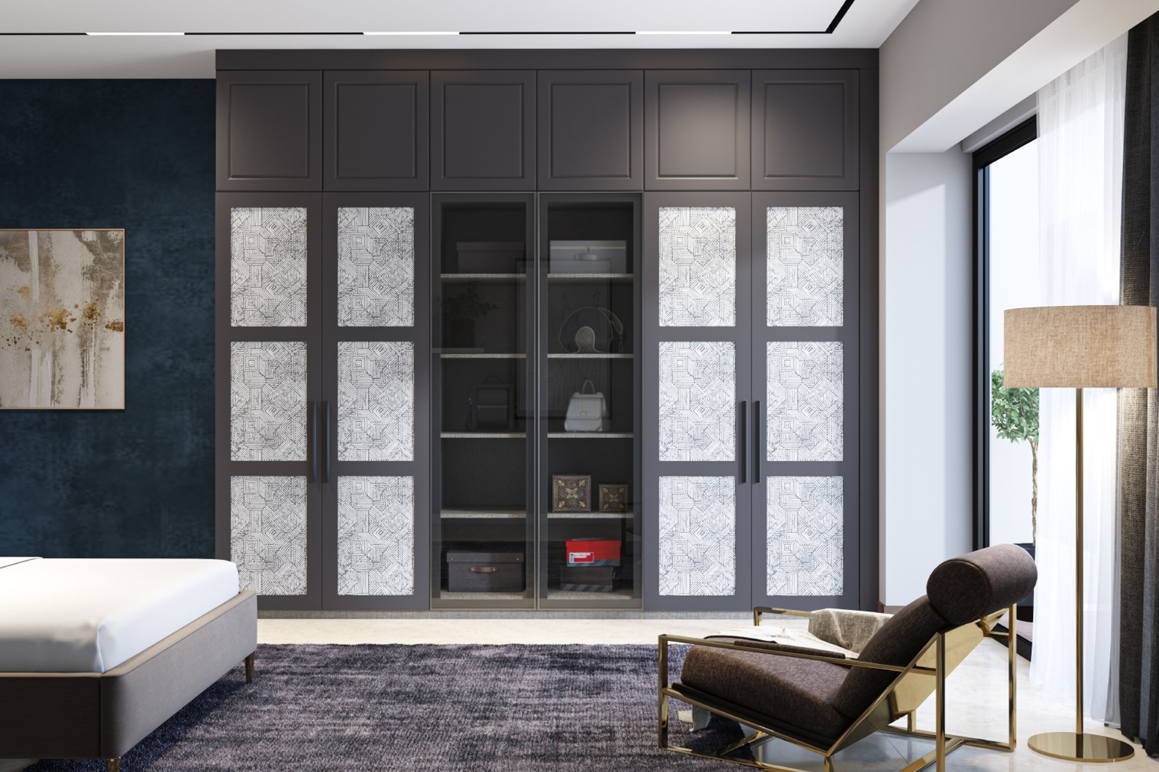 Classic 6-Door Swing Wardrobe Design with Suede Finish