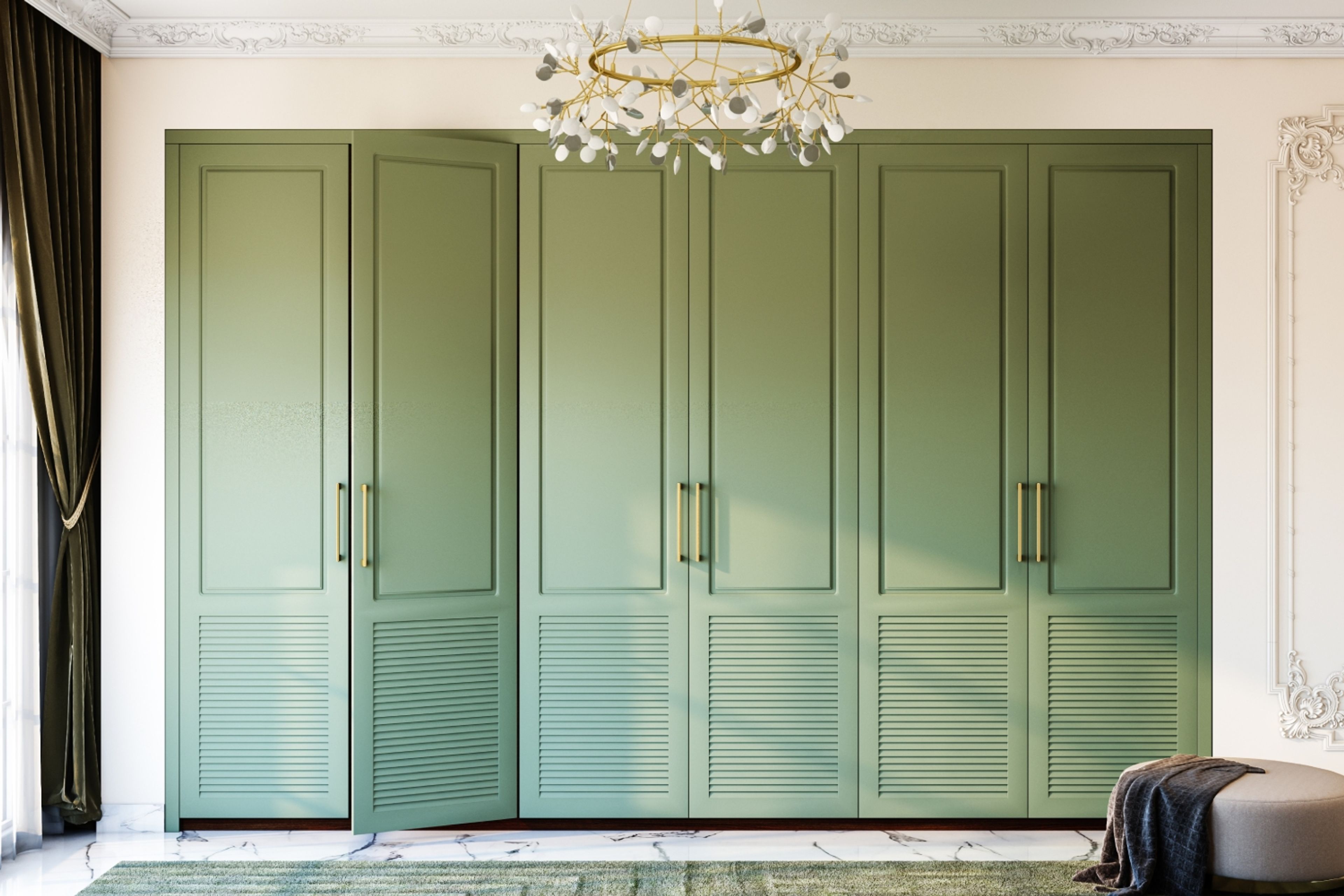 Olive Green Contemporary 6-Door Swing Wardrobe Design