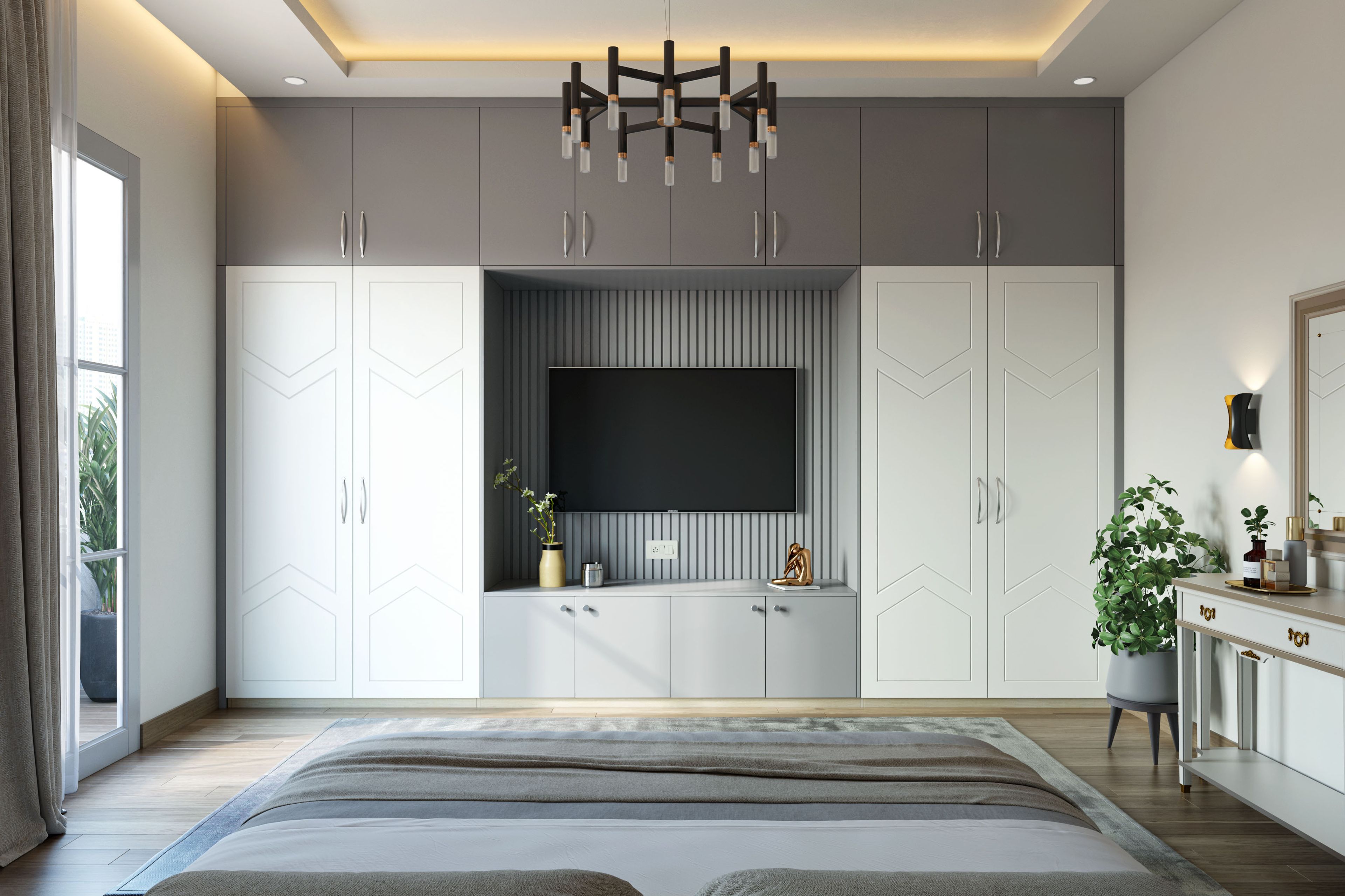 Contemporary 4-Door Swing Wardrobe Design in White and Grey