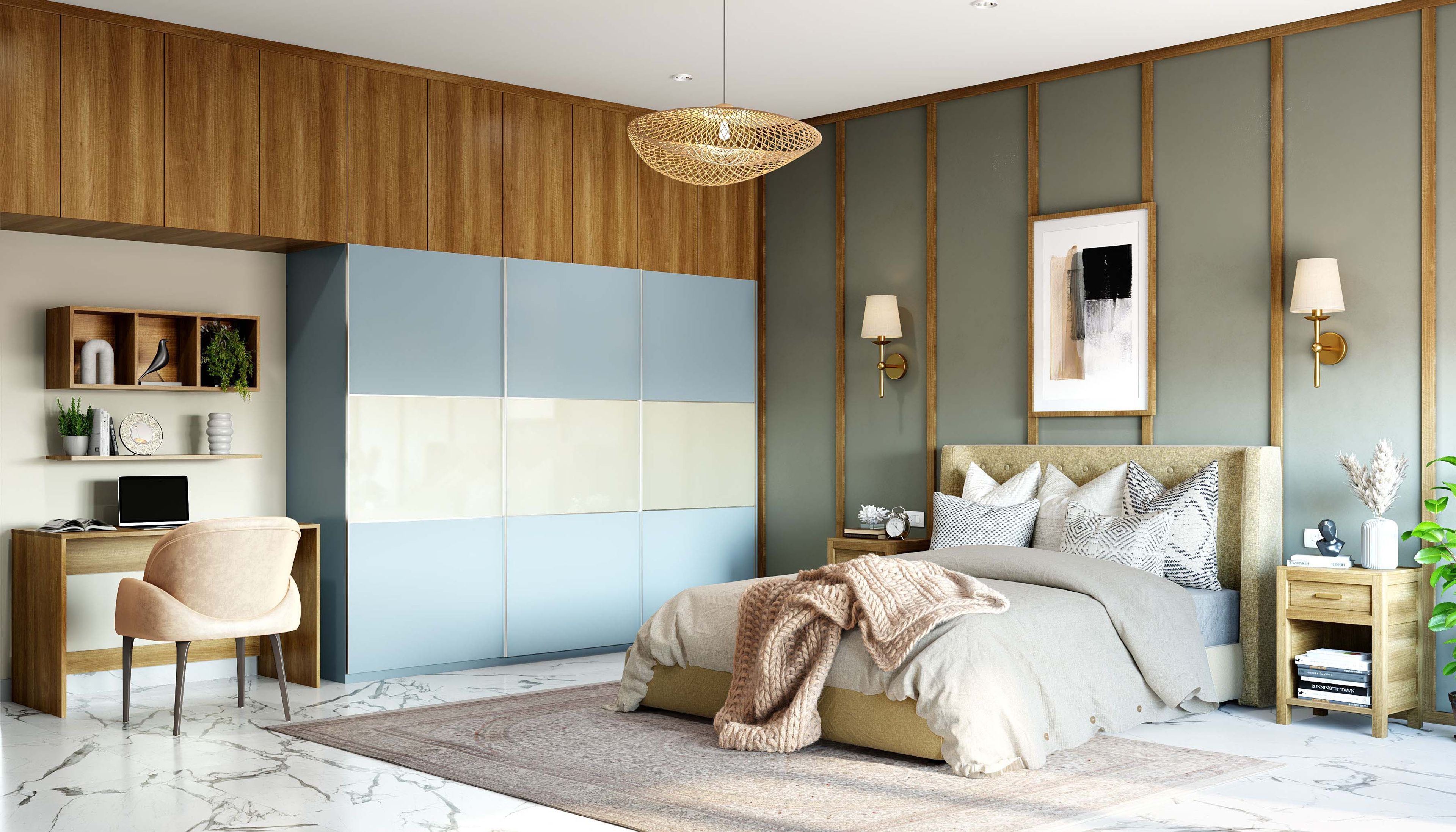 Contemporary Sliding Wardrobe Design in Denim Suedette and White