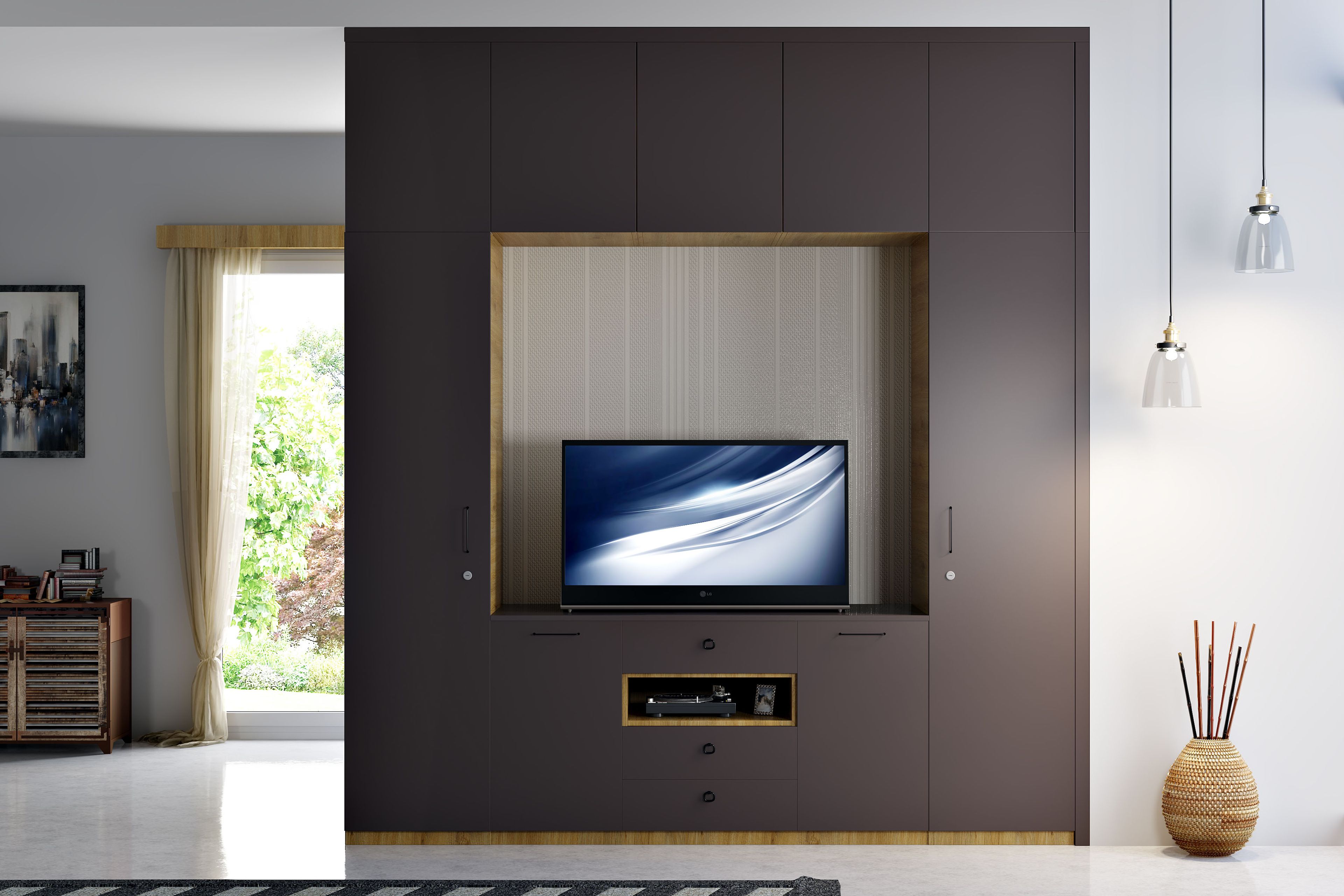Modern Grey Swing Wardrobe Design with Built-in TV Unit