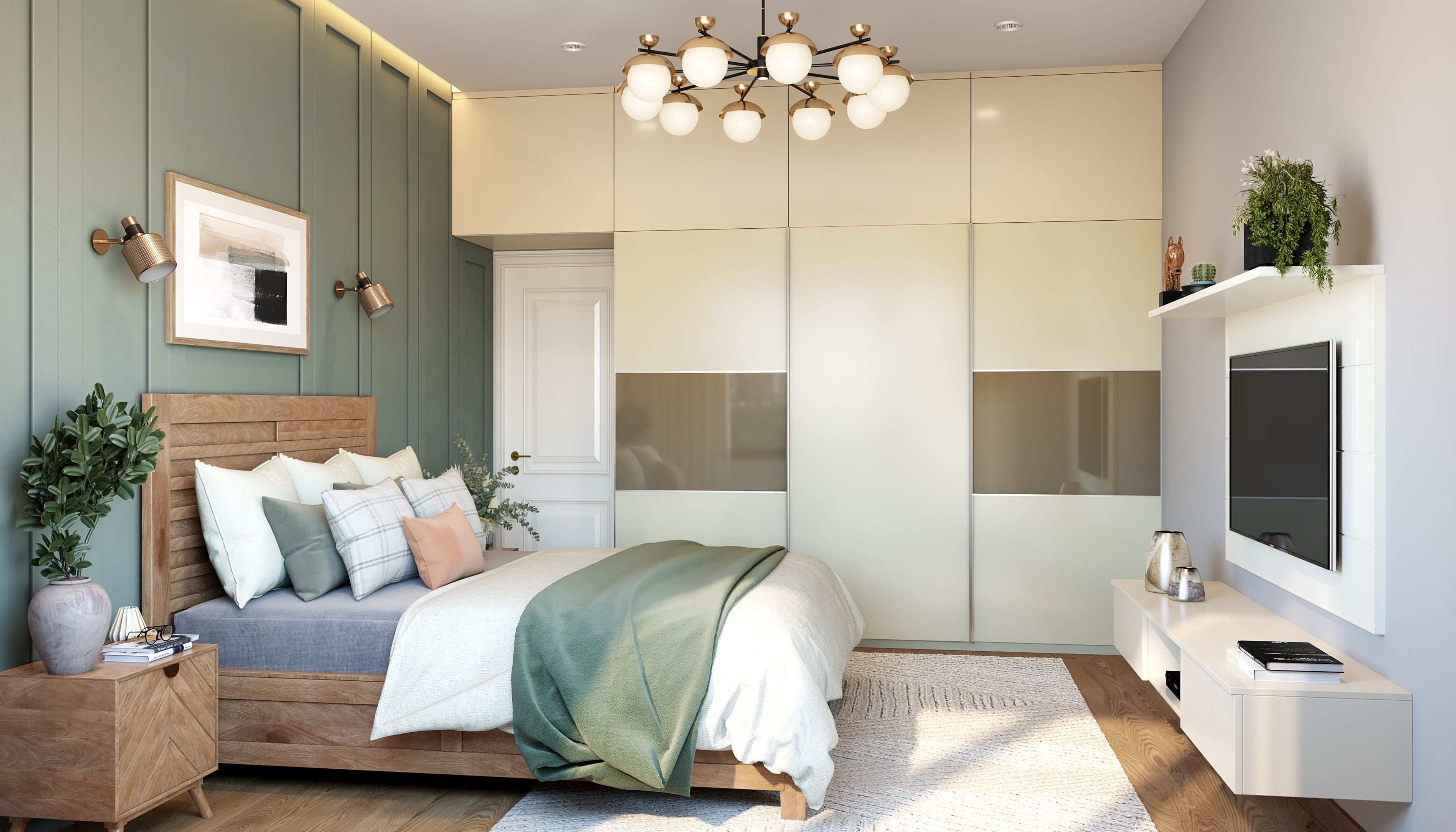 Contemporary 3-Door Sliding Wardrobe Design in Champagne and Ivory Finish