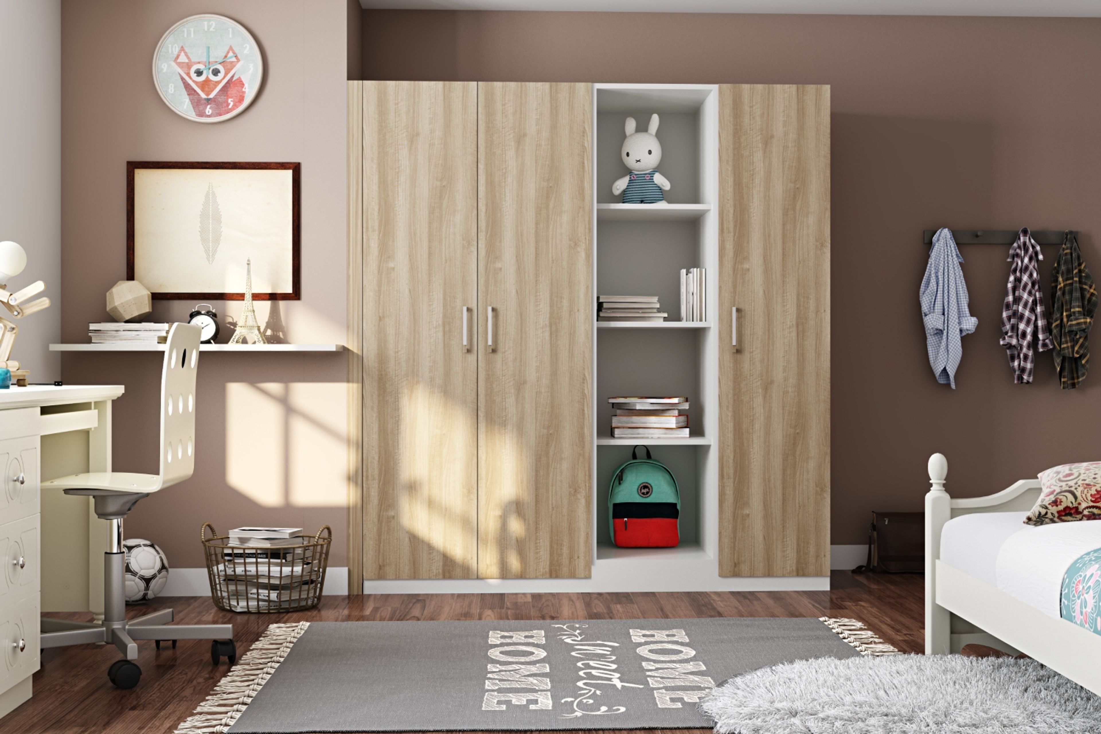 Modern 3-Door Swing Wardrobe Design with Open Shelving