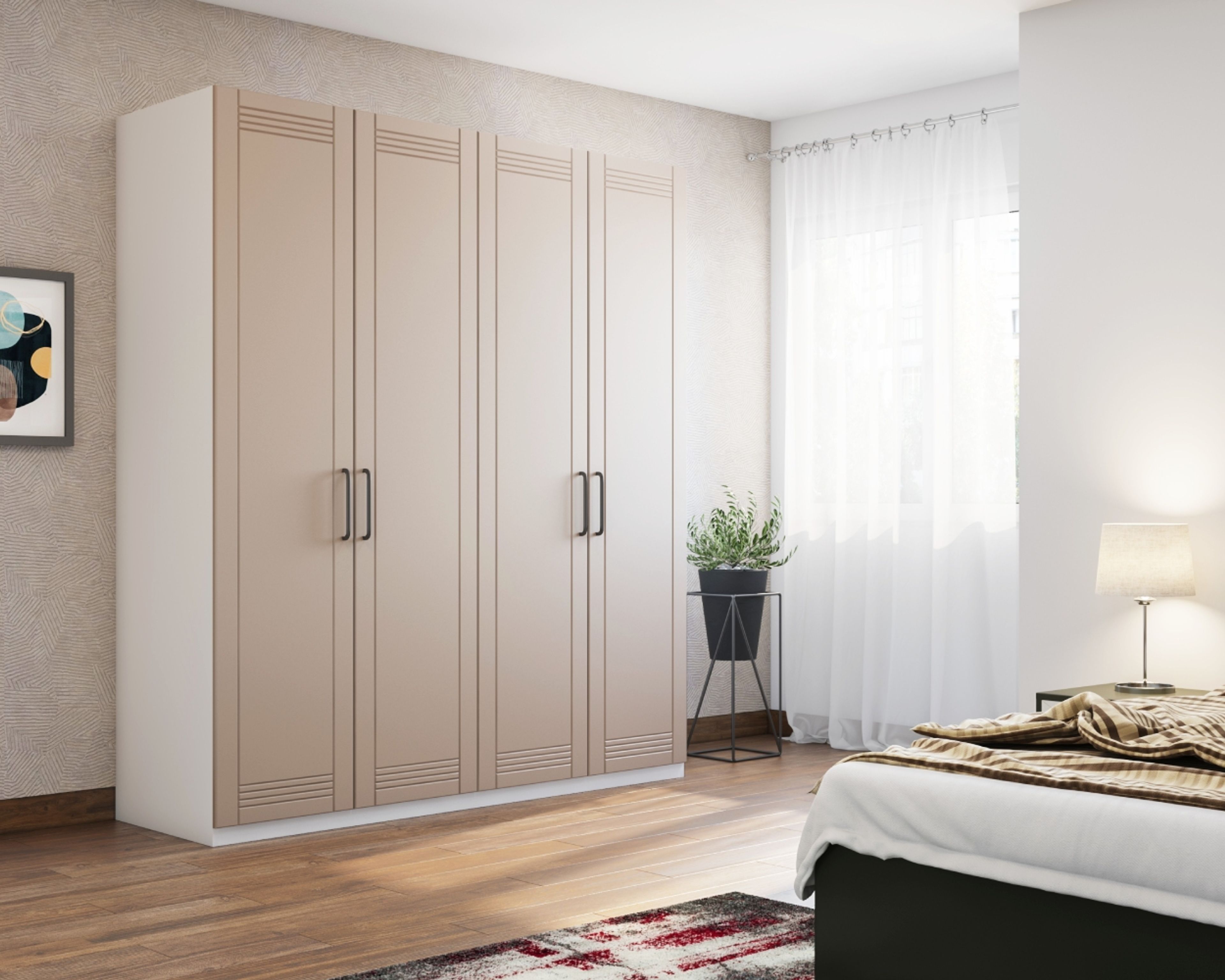 Modern 4-Door Swing Wardrobe Design in Sand Satin Suede Finish
