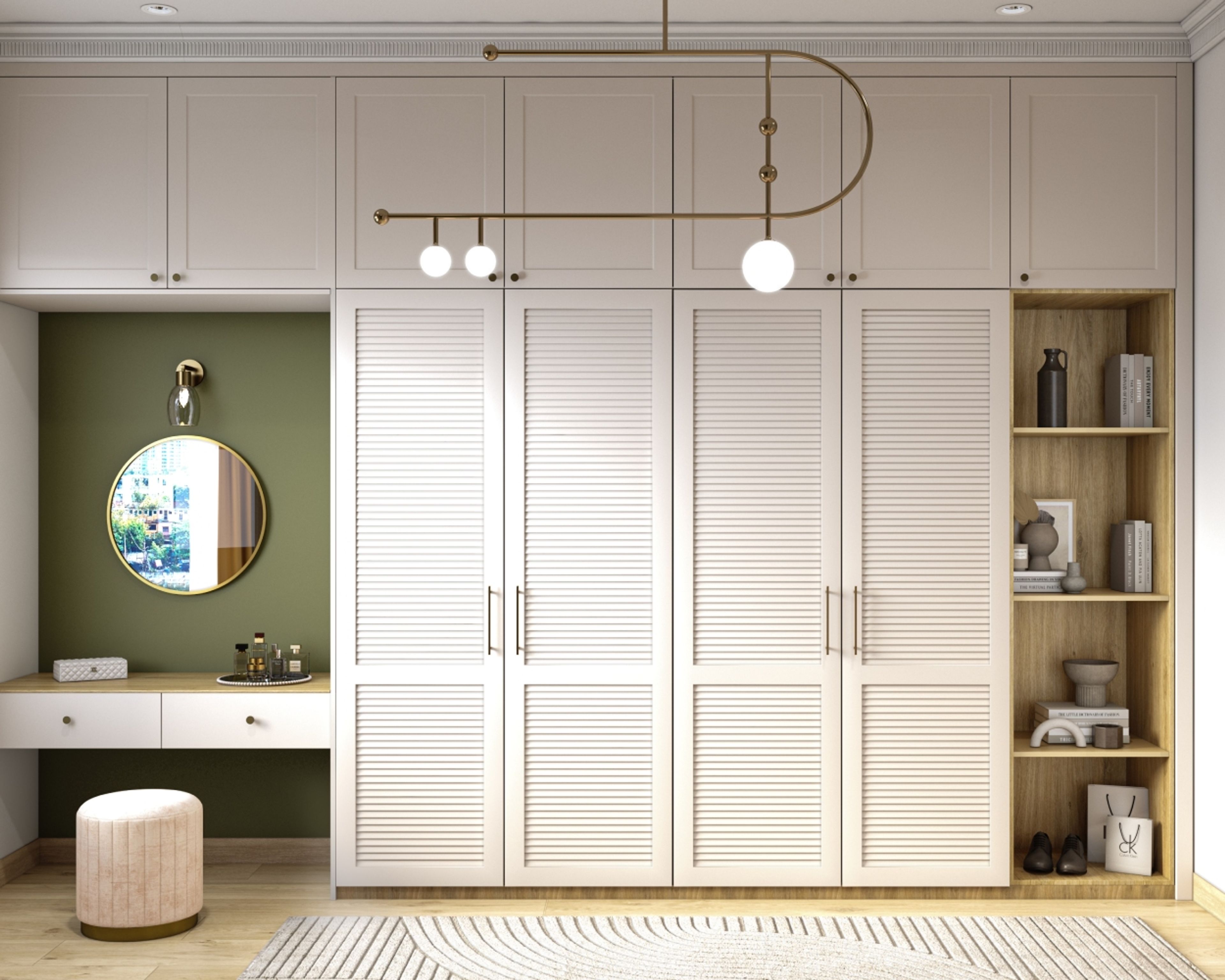 Contemporary 4-Door Swing Wardrobe Design with Louvered Doors